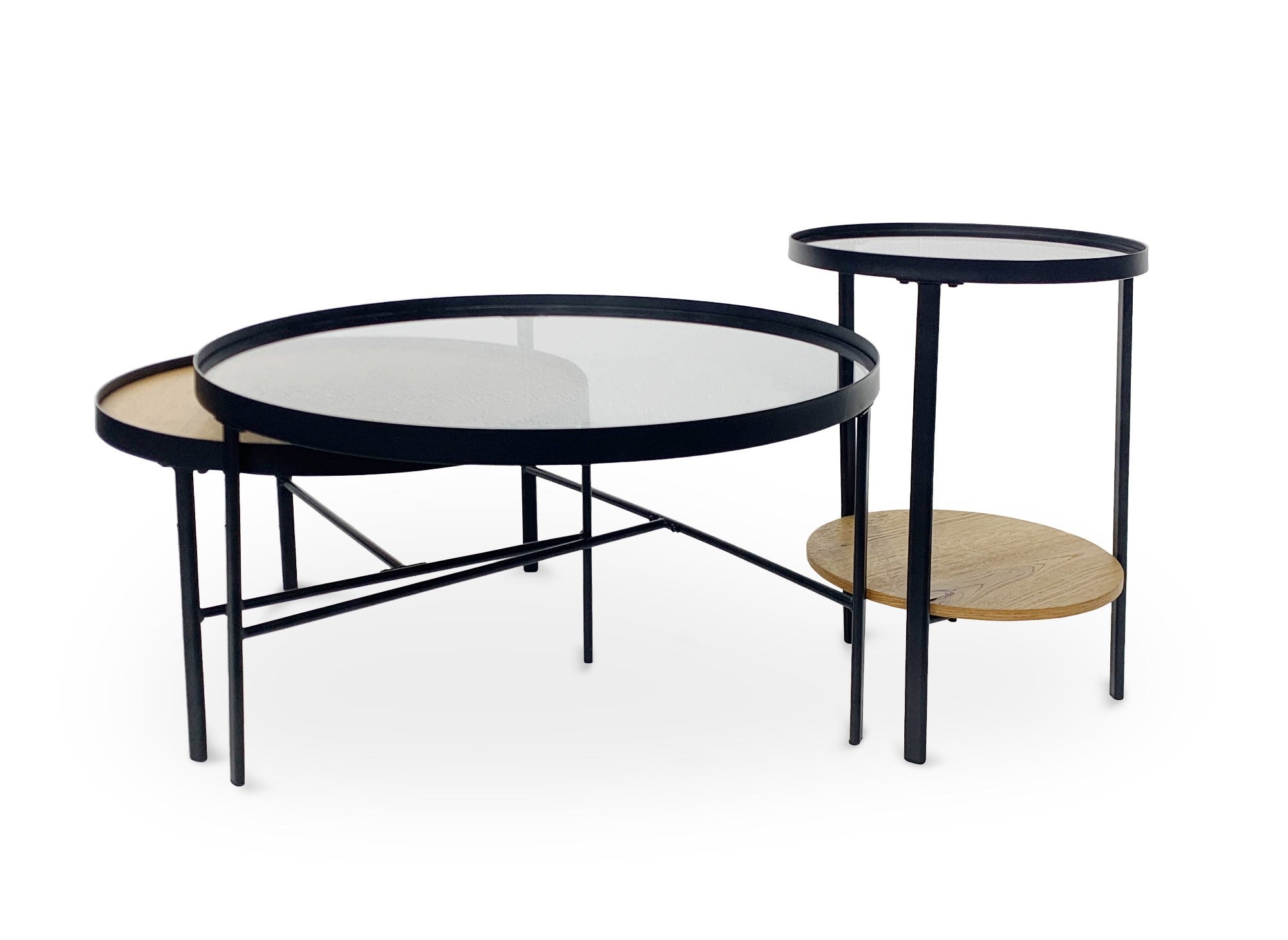 Juego de 3 mesas de centro redondas RIANA en madera y cristal