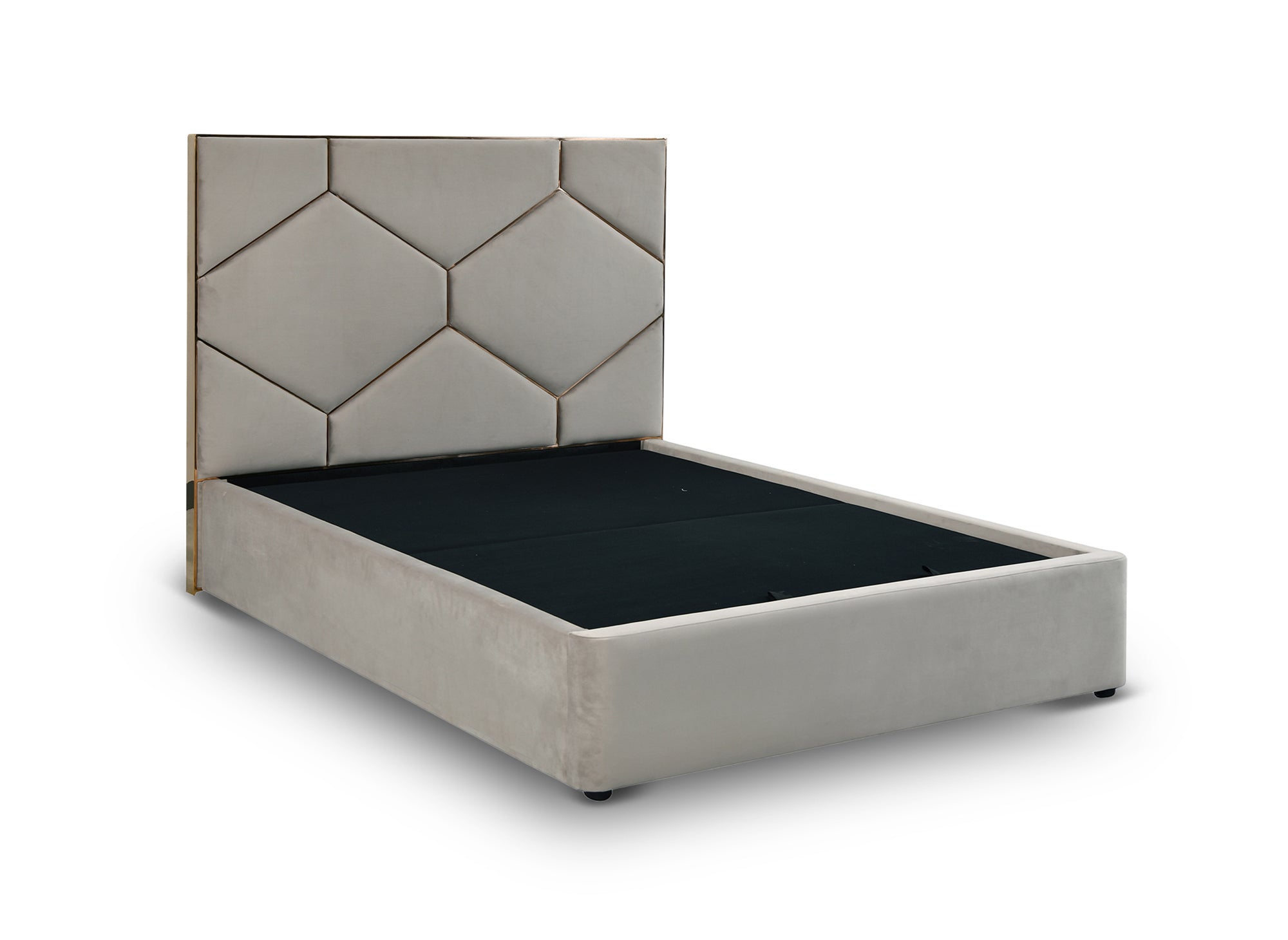 Cama LARA de 140 x 190 cm con almacenaje y cabecero de diseño en terciopelo color topo.