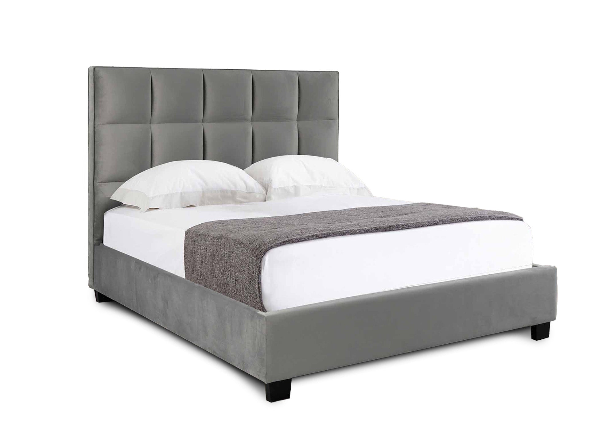 Cama de diseño CAROLINE con almacenaje, tapizada en terciopelo gris, 180 x 200 cm