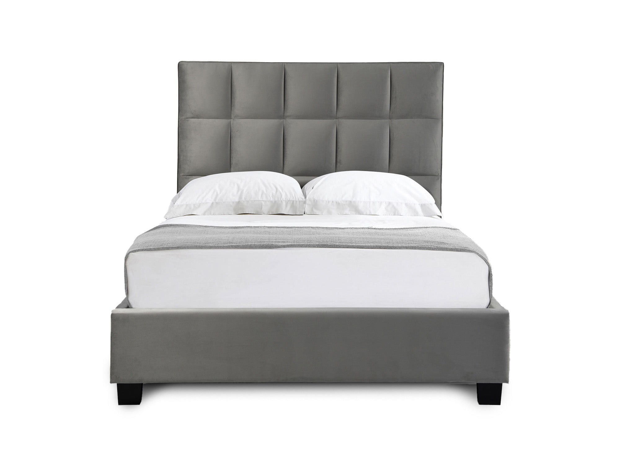 Cama de diseño CAROLINE con almacenaje, tapizada en terciopelo gris, 180 x 200 cm