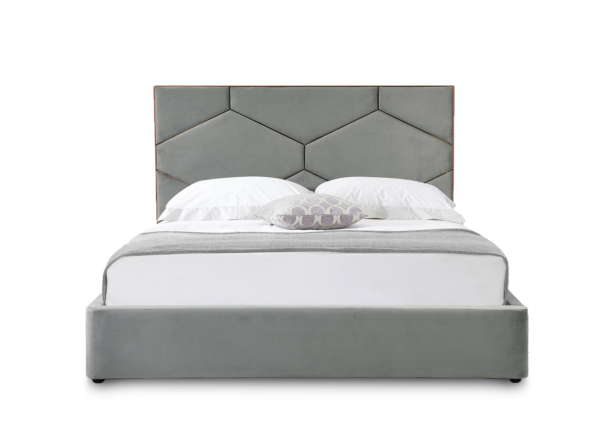 Cama de diseño LARA de 180 x 200 cm con almacenaje y cabecero en terciopelo gris