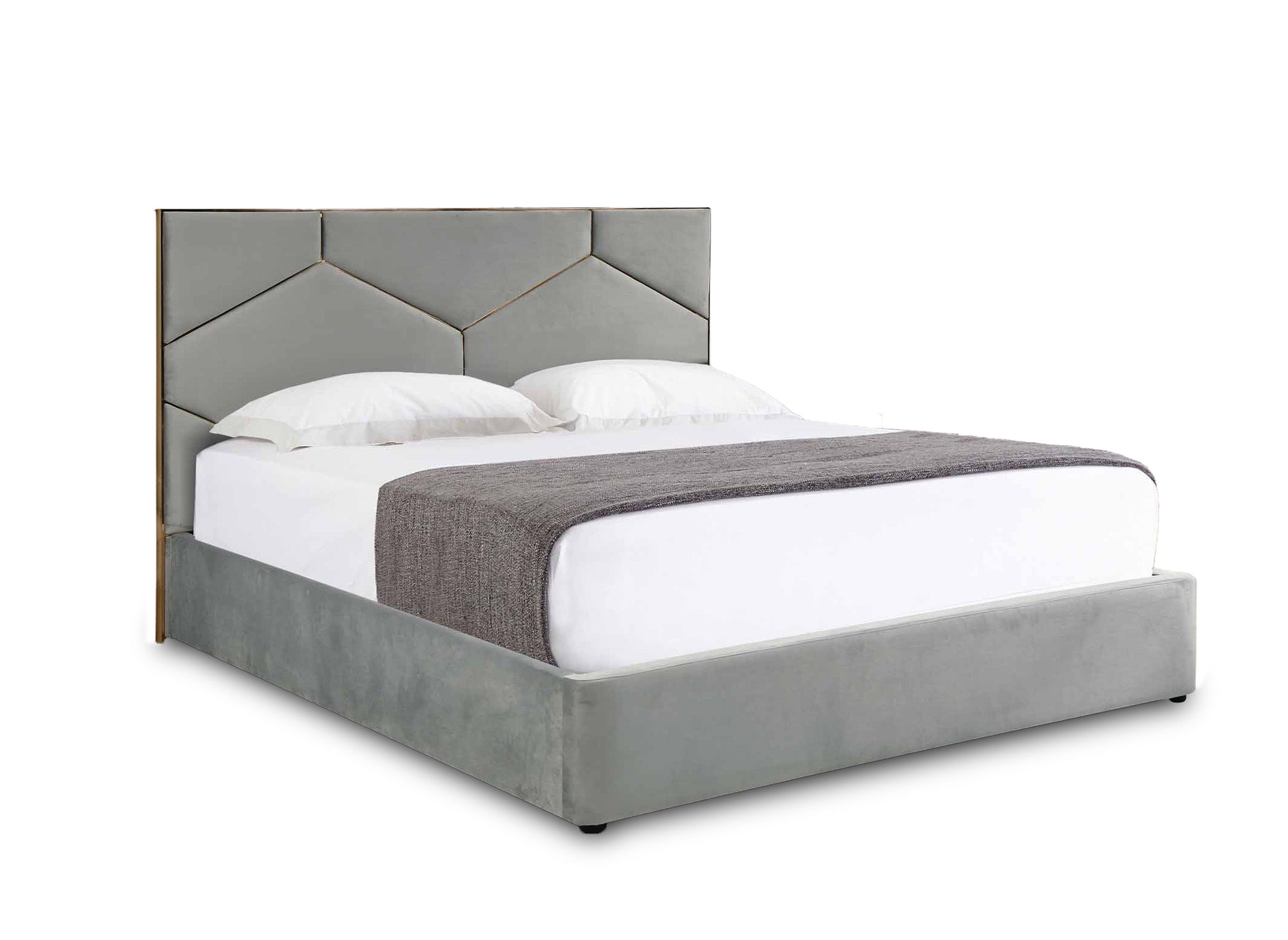 Cama de diseño LARA de 180 x 200 cm con almacenaje y cabecero en terciopelo gris