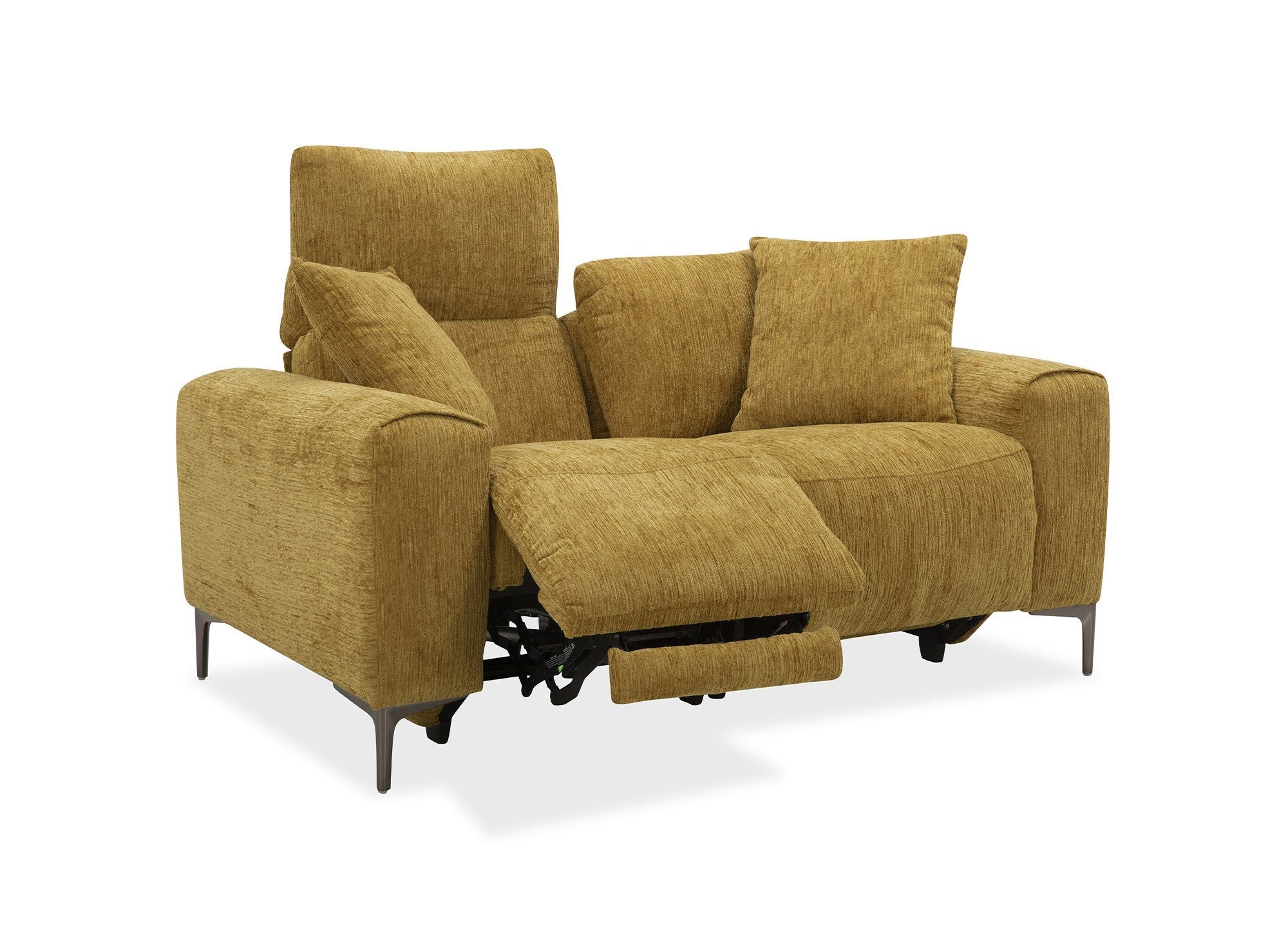 Sofá reclinable eléctrico de 2 plazas HELOISE en terciopelo jaspeado amarillo mostaza