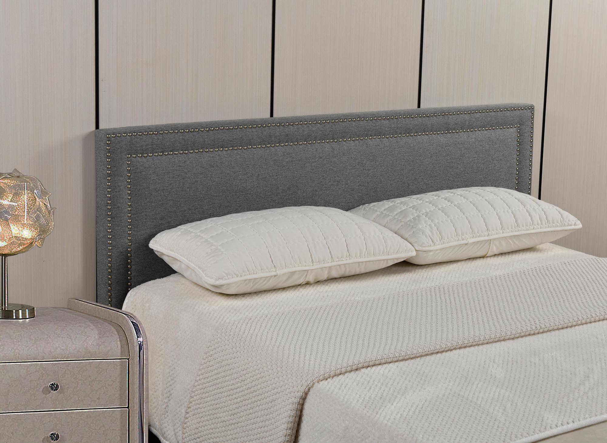Cabecero LYVE de lino gris con tachuelas, 140 cm