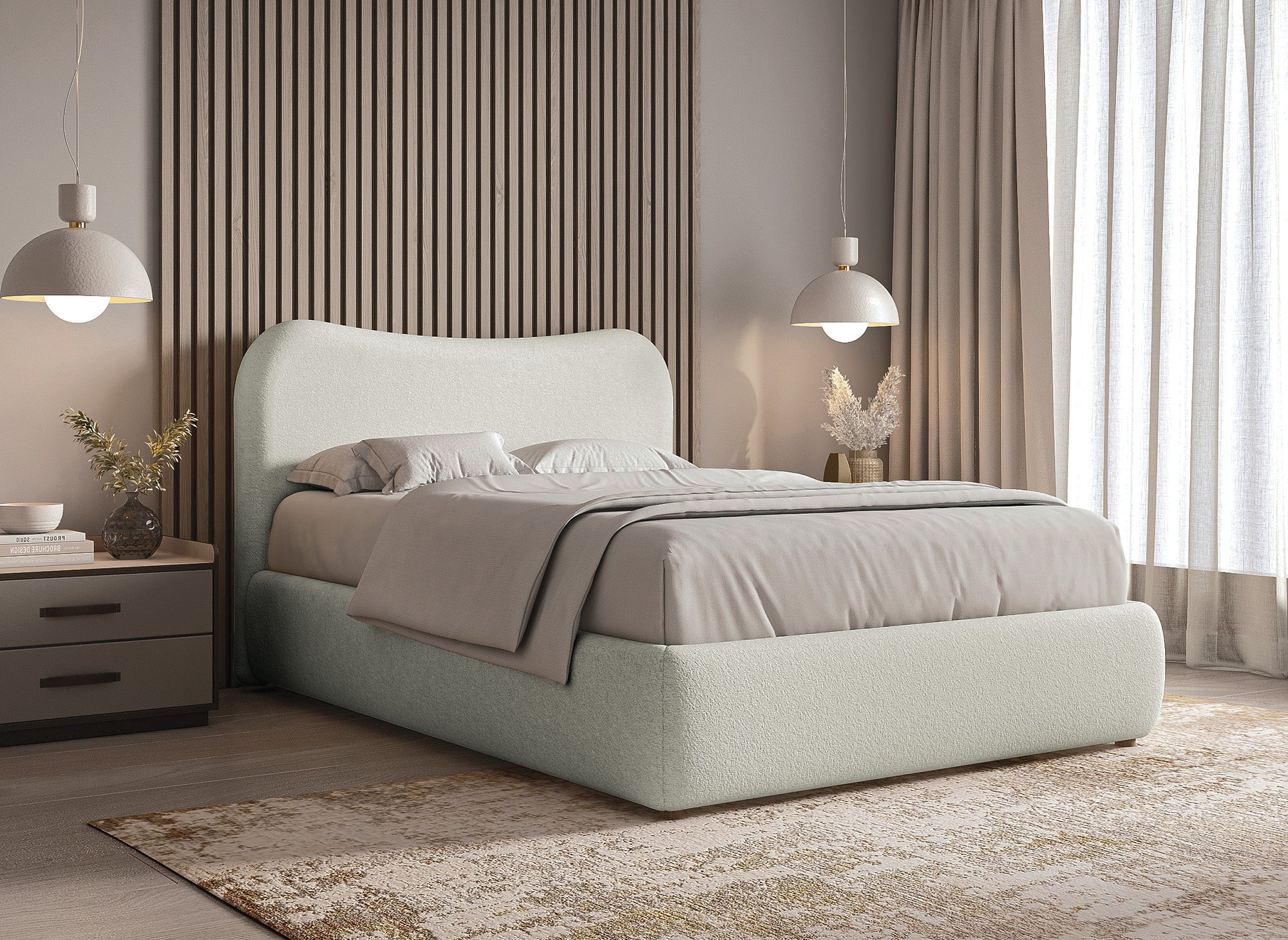 Cama doble PAMELA blanca con efecto piel de oveja (140 x 190 cm)