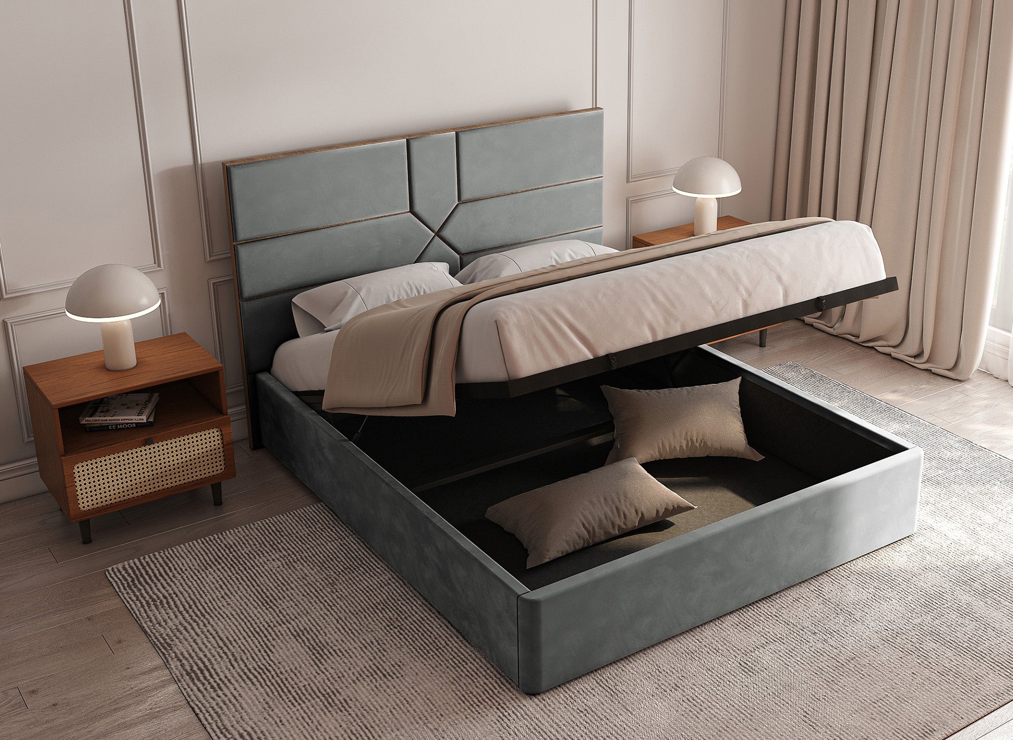 Cama con almacenaje de diseño DAVINA en terciopelo gris, 180 x 200 cm