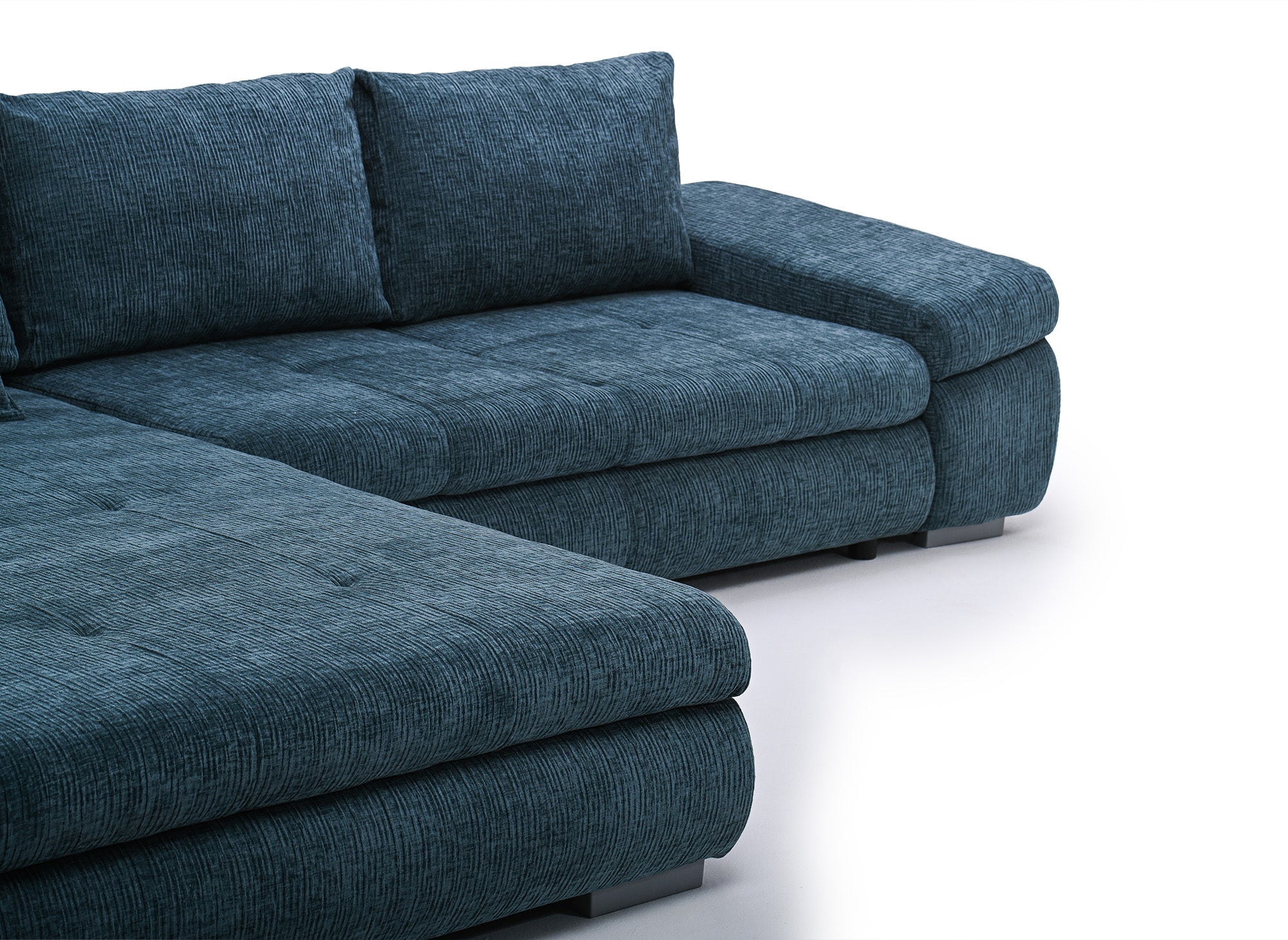 Sofá esquinero convertible reversible SOLEA con almacenaje en terciopelo azul petróleo jaspeado