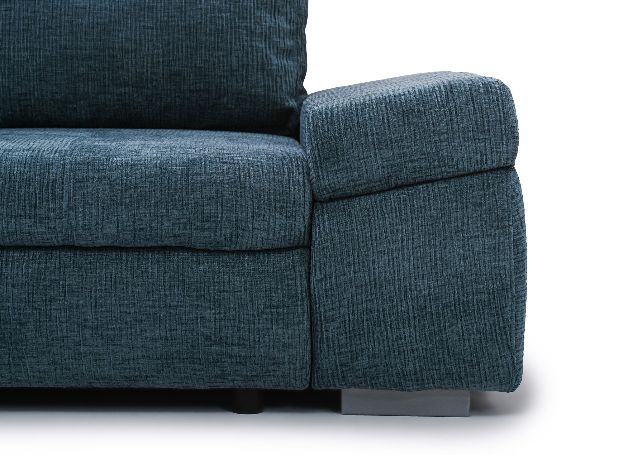 Sofá esquinero convertible reversible SOLEA con almacenaje en terciopelo azul petróleo jaspeado