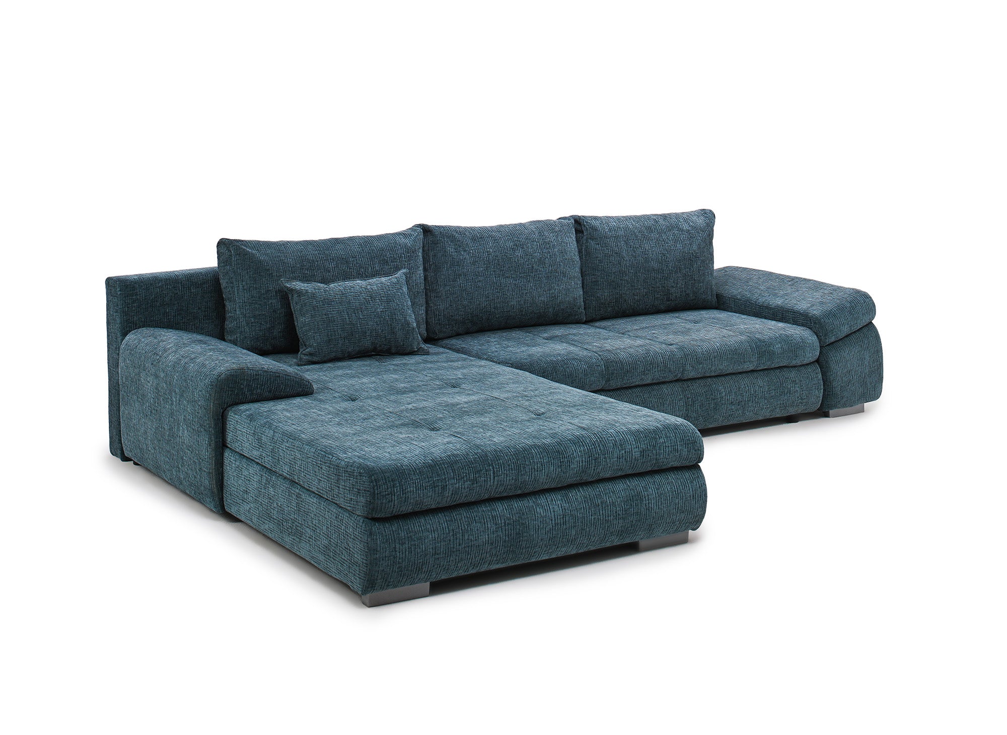 Sofá esquinero convertible reversible SOLEA con almacenaje en terciopelo azul petróleo jaspeado