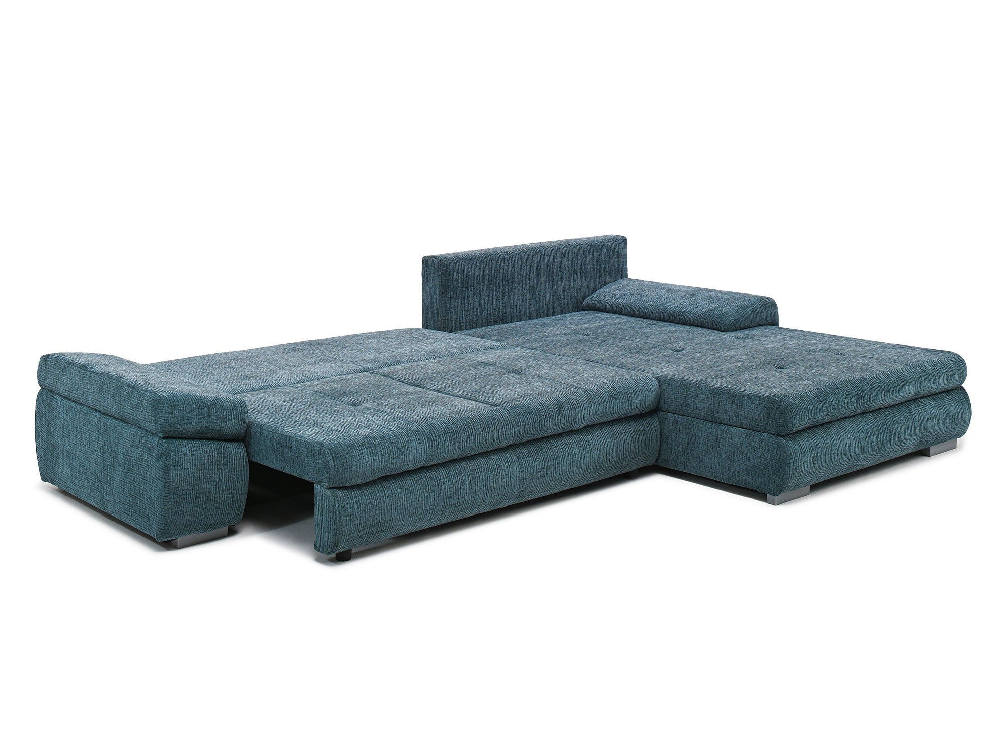 Sofá esquinero convertible reversible SOLEA con almacenaje en terciopelo azul petróleo jaspeado