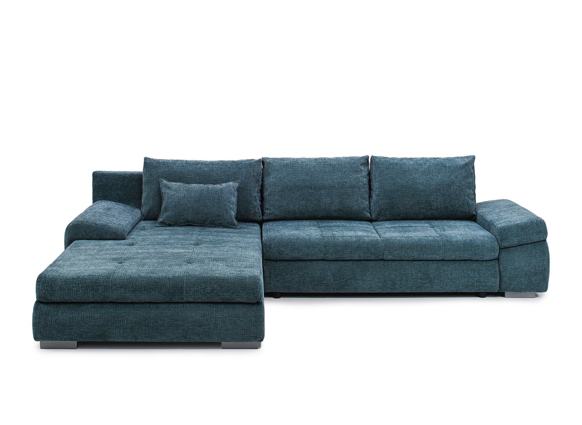 Sofá esquinero convertible reversible SOLEA con almacenaje en terciopelo azul petróleo jaspeado