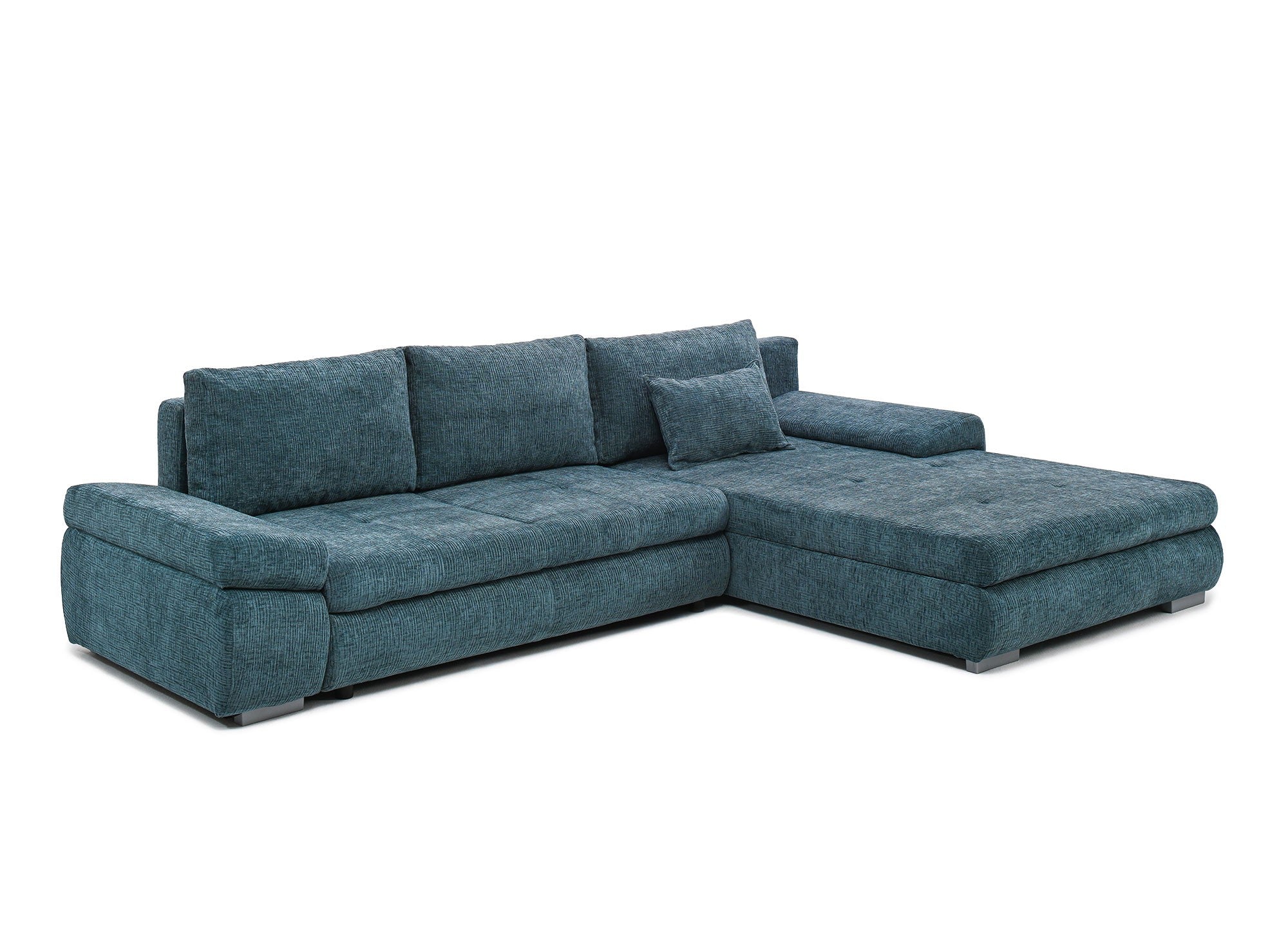 Sofá esquinero convertible reversible SOLEA con almacenaje en terciopelo azul petróleo jaspeado