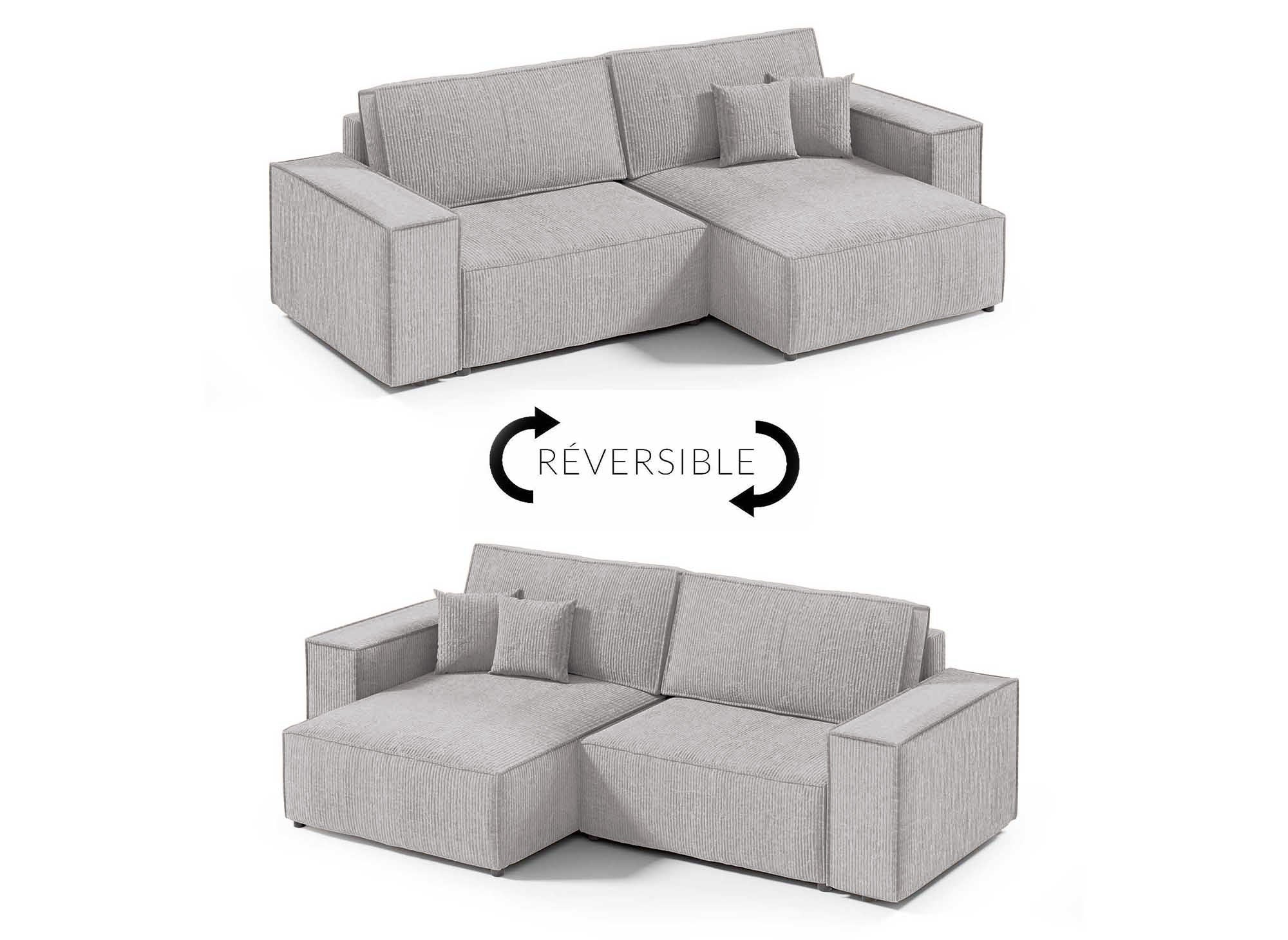 Sofá esquinero convertible y reversible con almacenaje en pana gris JADE MINI