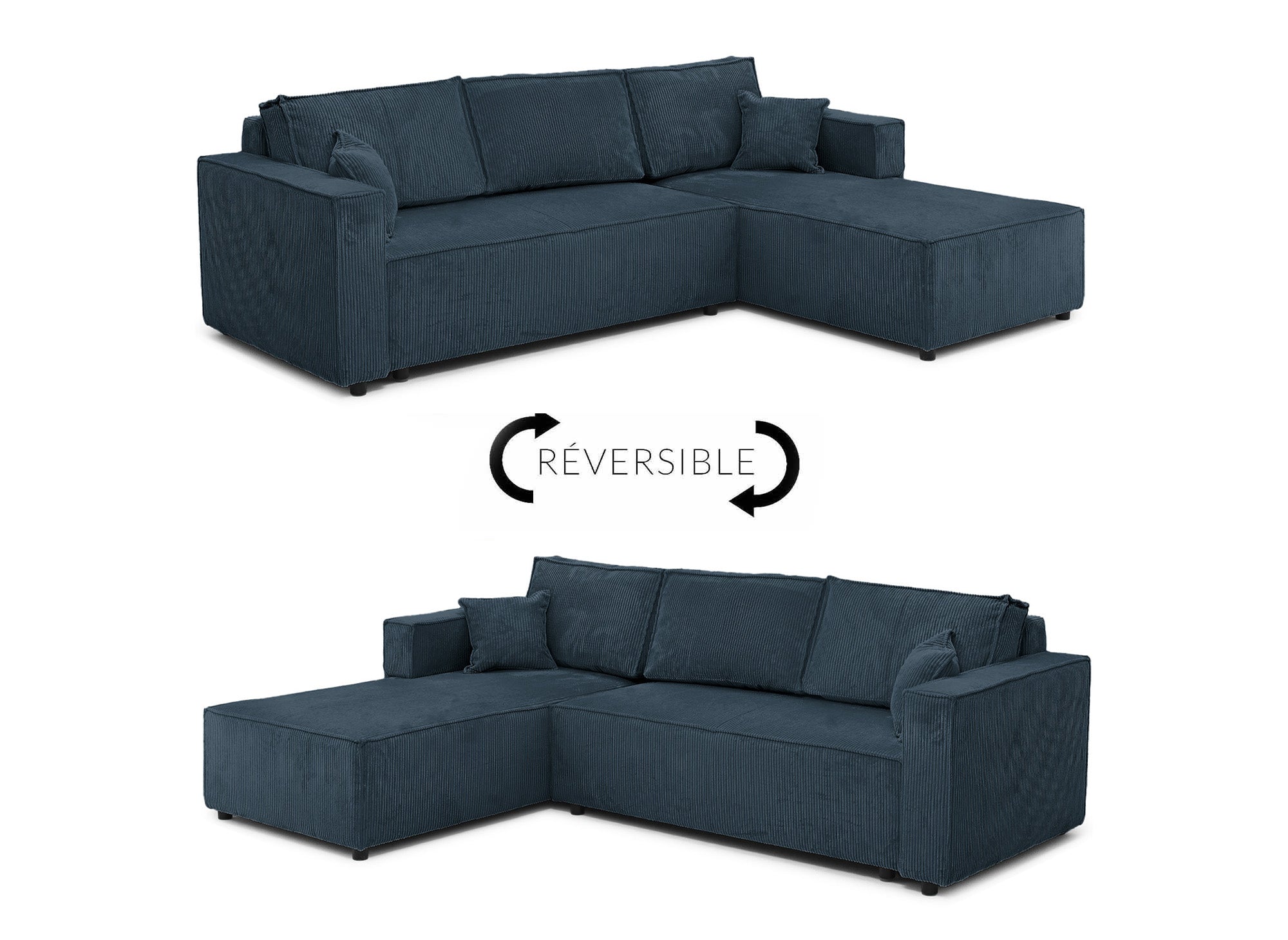 Sofá cama esquinero reversible SYNA con almacenaje en pana azul