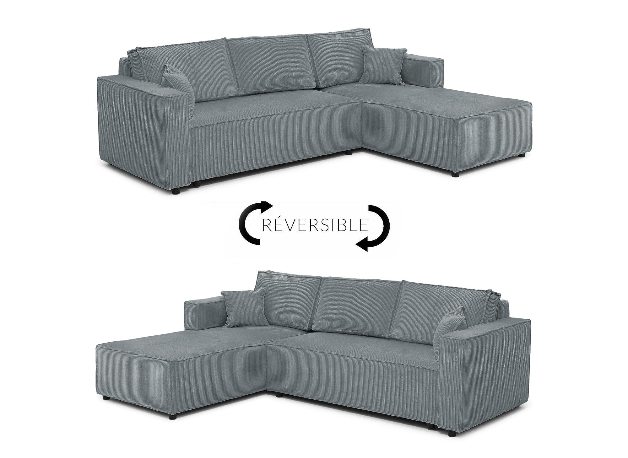 Sofá cama esquinero reversible SYNA con almacenaje en pana gris