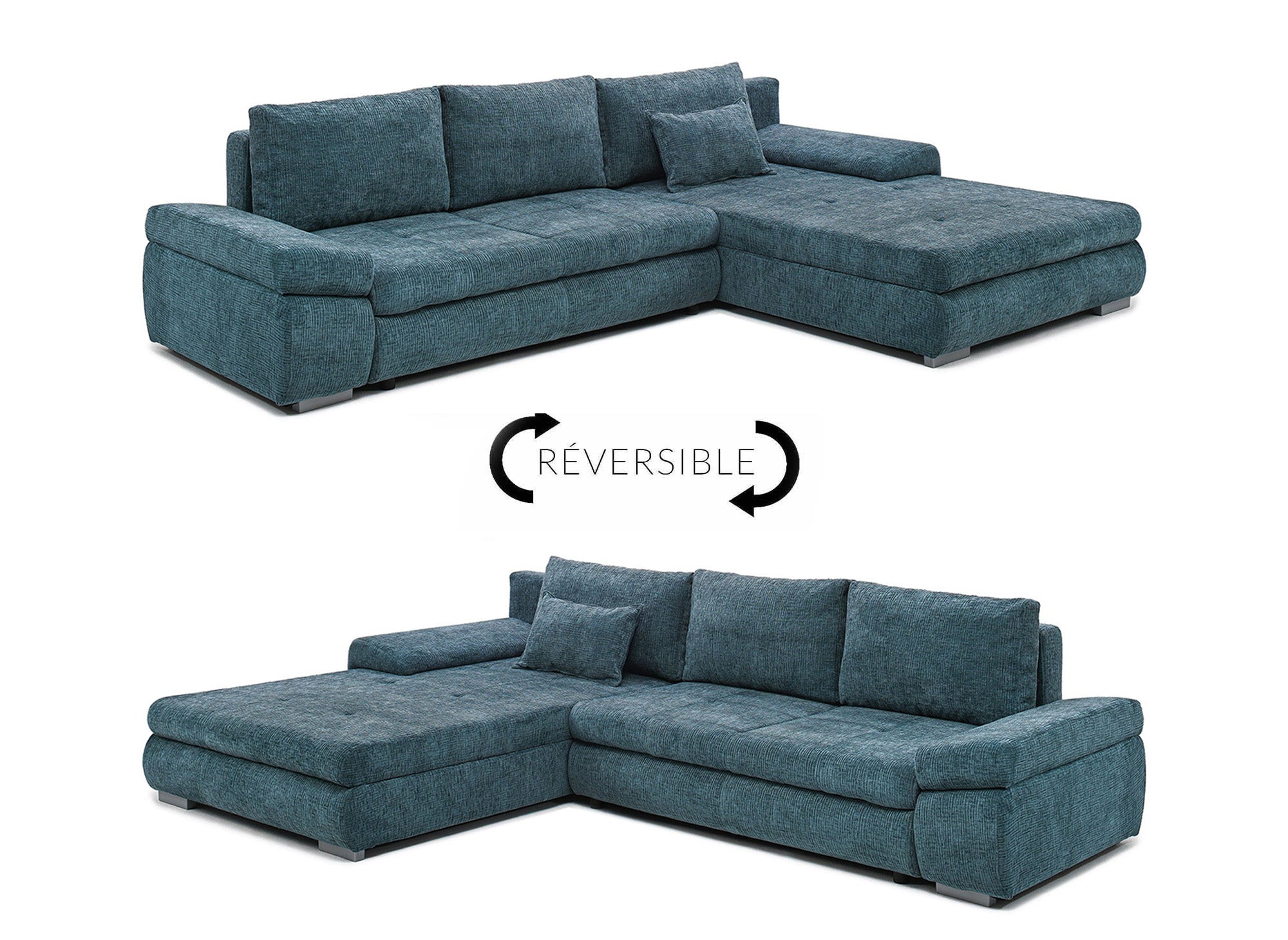 Sofá esquinero convertible reversible SOLEA con almacenaje en terciopelo azul petróleo jaspeado