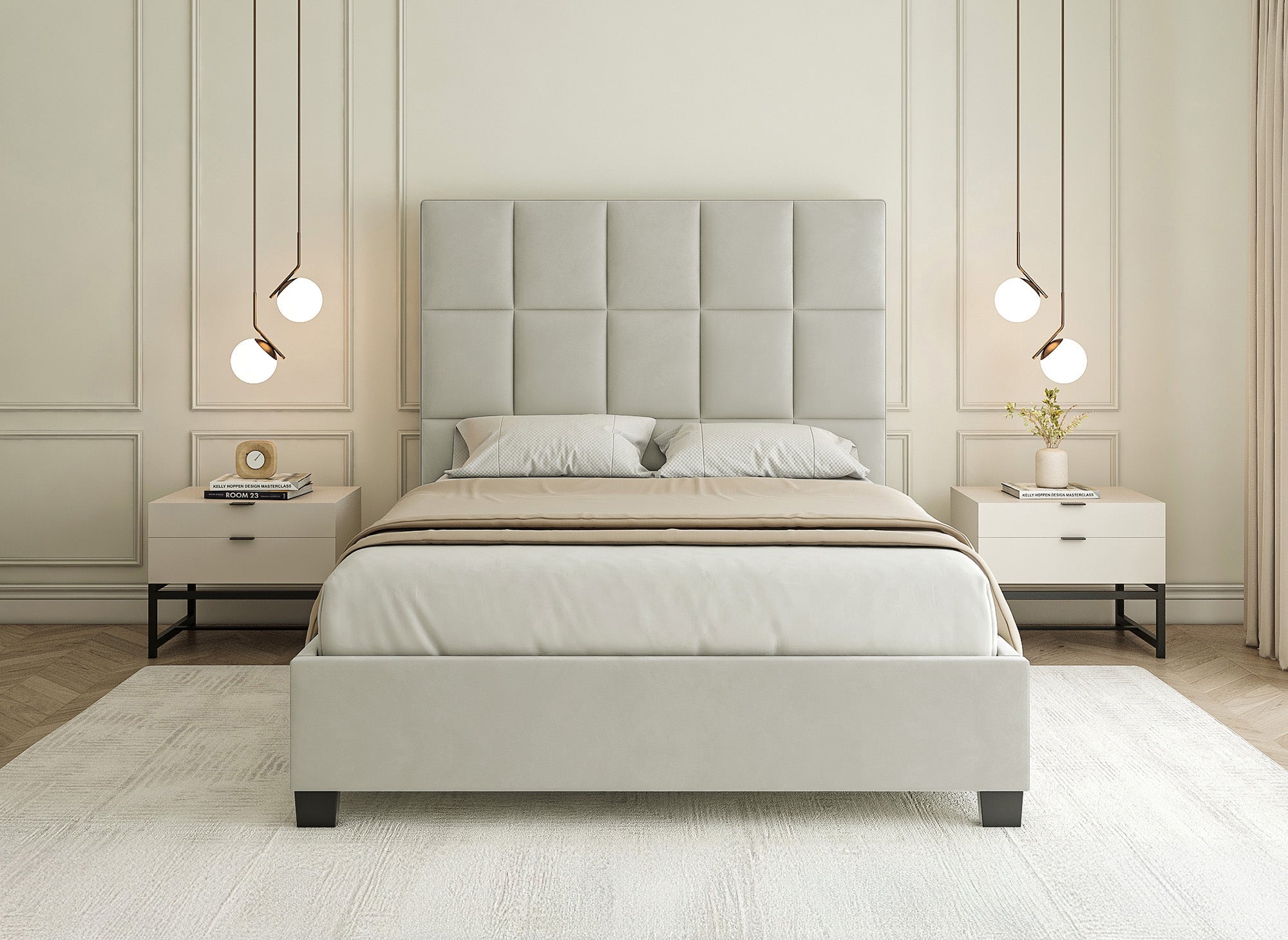 Cama de diseño CAROLINE con almacenaje, tapizada en terciopelo beige, 180 x 200 cm
