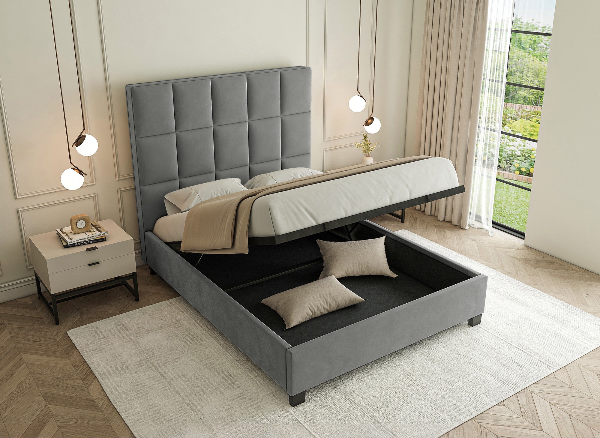 Cama de diseño CAROLINE con almacenaje, tapizada en terciopelo gris, 160 x 200 cm