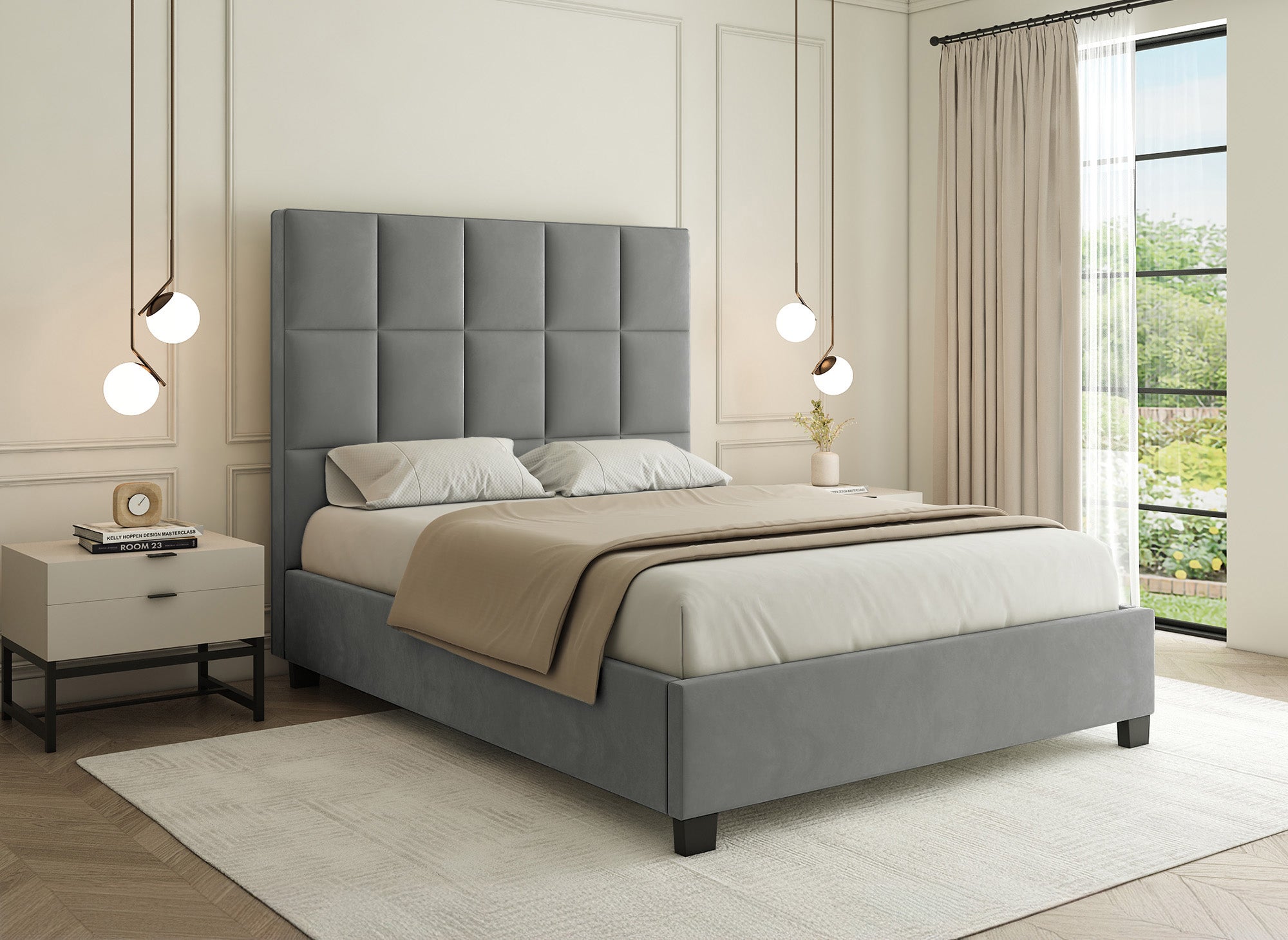 Cama de diseño CAROLINE con almacenaje, tapizada en terciopelo gris, 160 x 200 cm