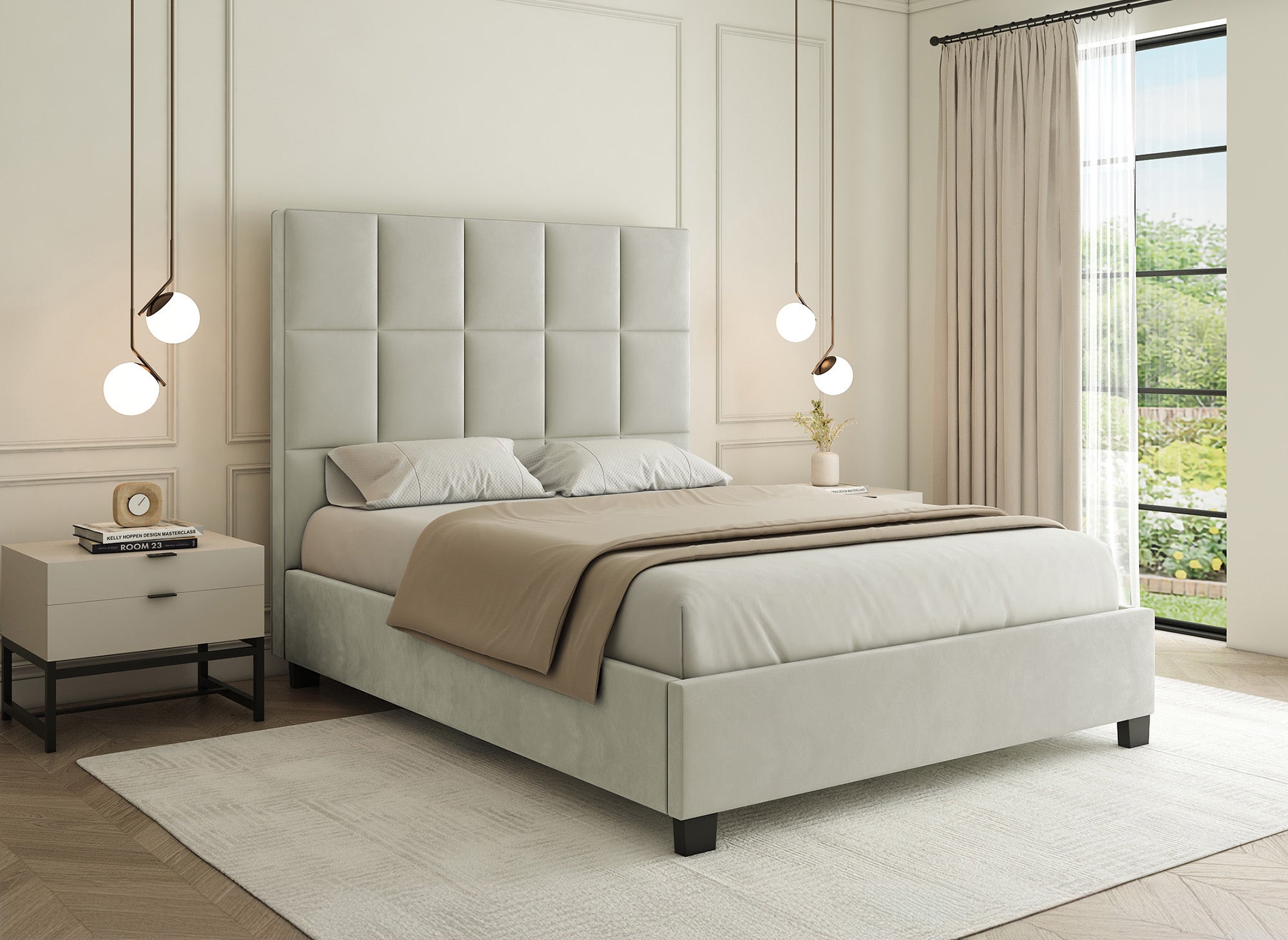 Cama de diseño CAROLINE con almacenaje, tapizada en terciopelo beige, 160 x 200 cm