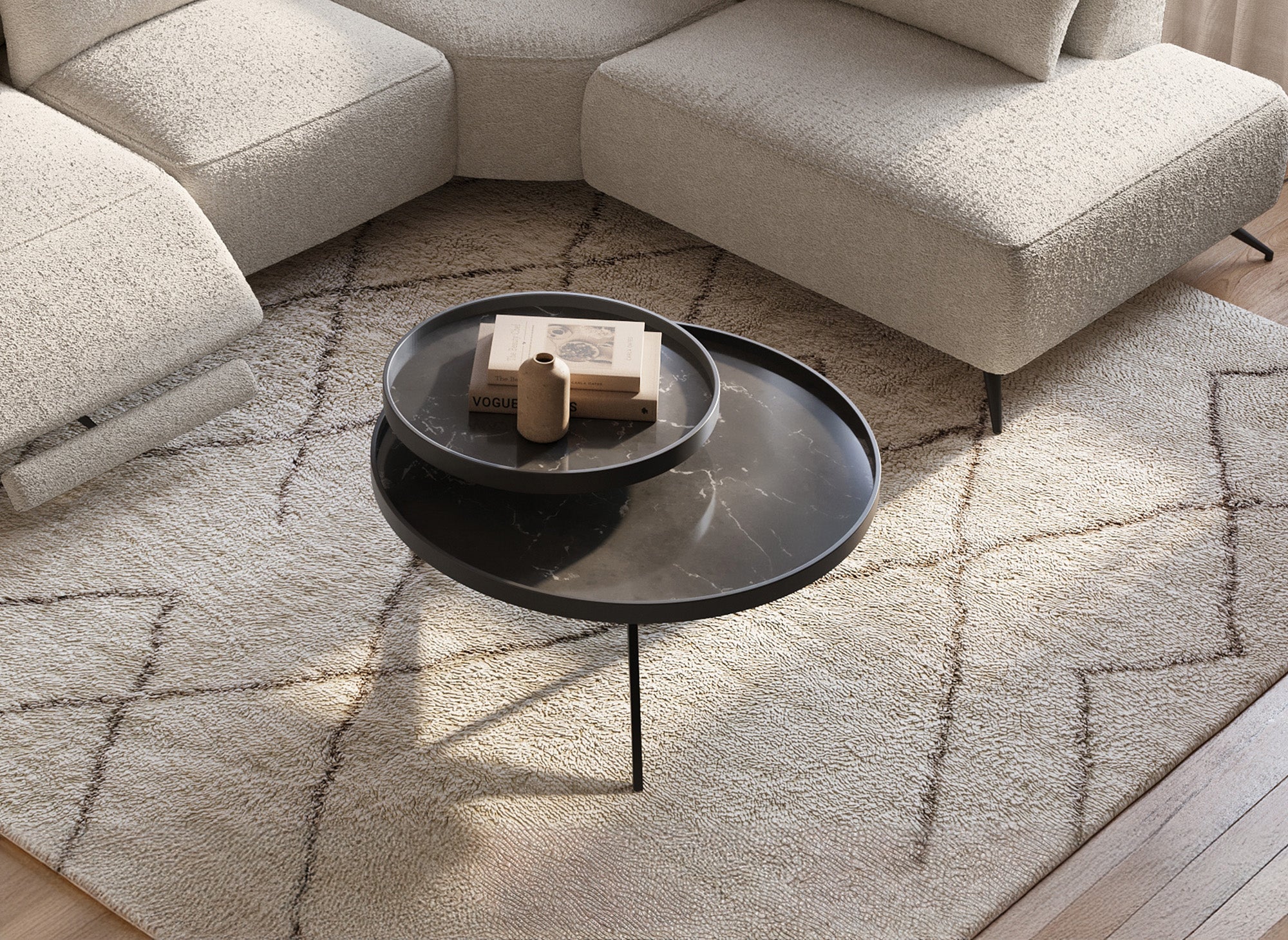 Mesa de centro redonda MIRANY con 2 estantes giratorios de cerámica y metal negro