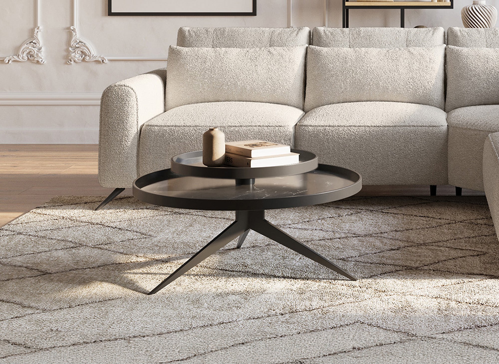 Mesa de centro redonda MIRANY con 2 estantes giratorios de cerámica y metal negro