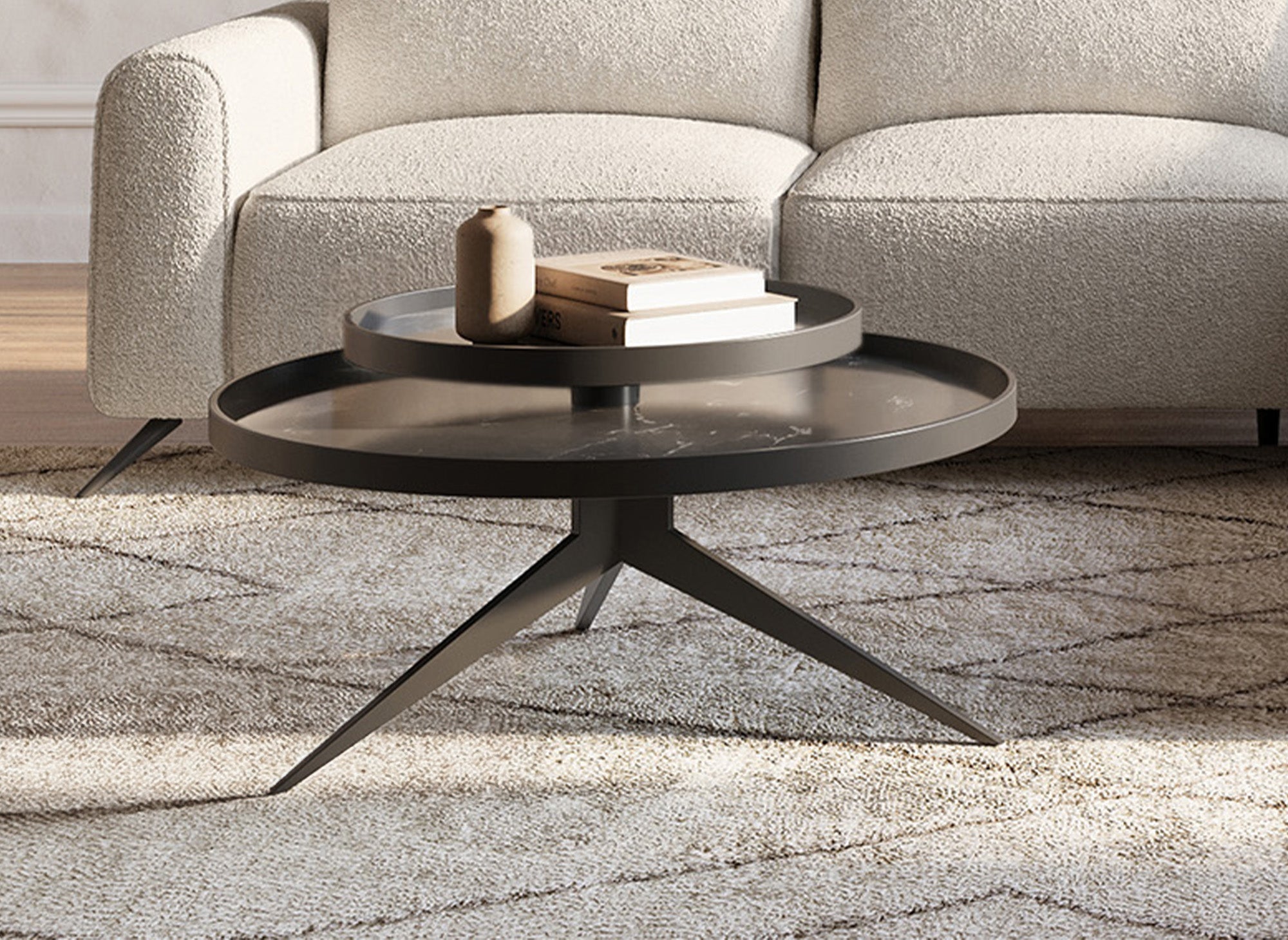 Mesa de centro redonda MIRANY con 2 estantes giratorios de cerámica y metal negro