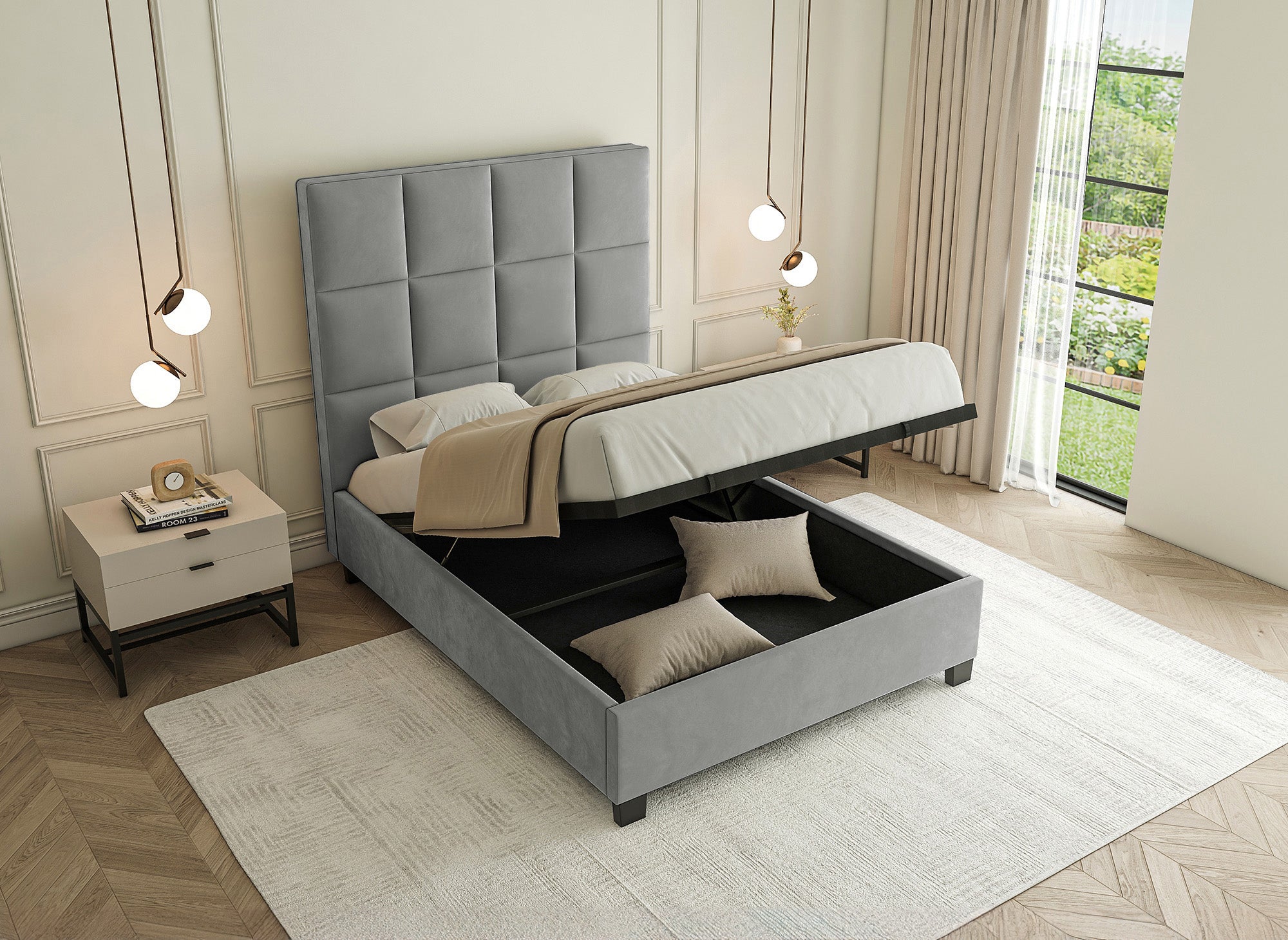 Cama de diseño CAROLINE con almacenaje, tapizada en terciopelo gris, 140 x 190 cm