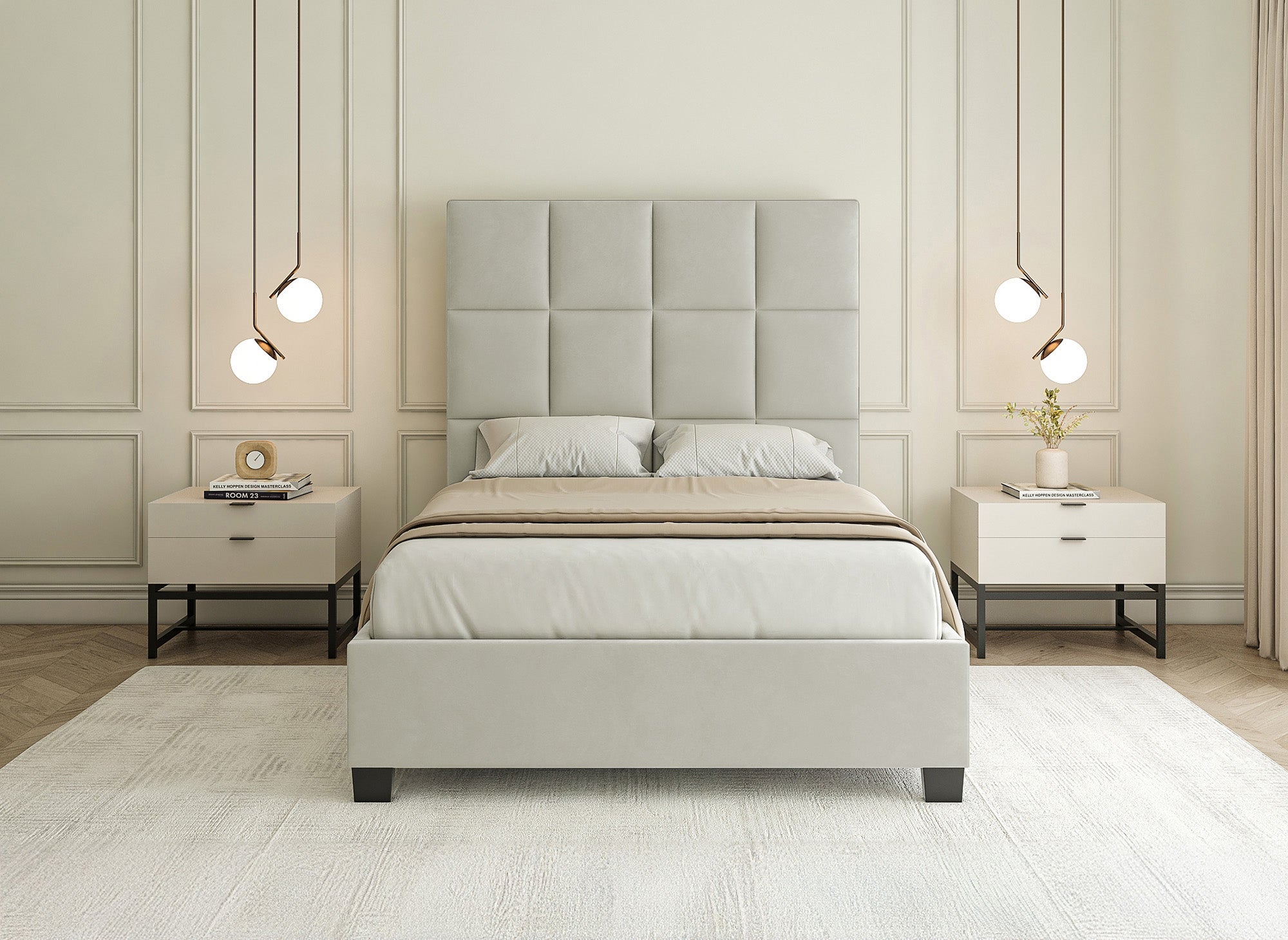 Cama de diseño CAROLINE con almacenaje, tapizada en terciopelo beige, 140 x 190 cm