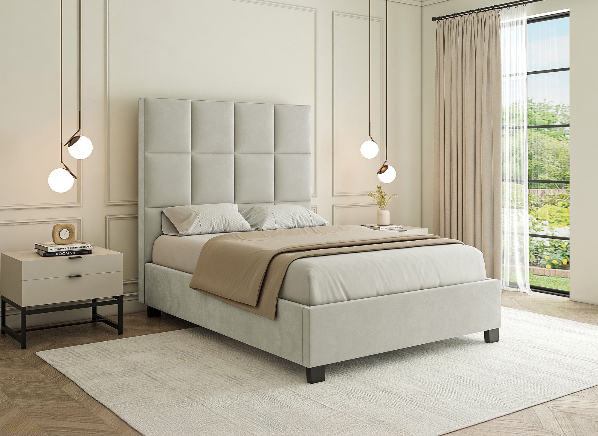Cama de diseño CAROLINE con almacenaje, tapizada en terciopelo beige, 140 x 190 cm