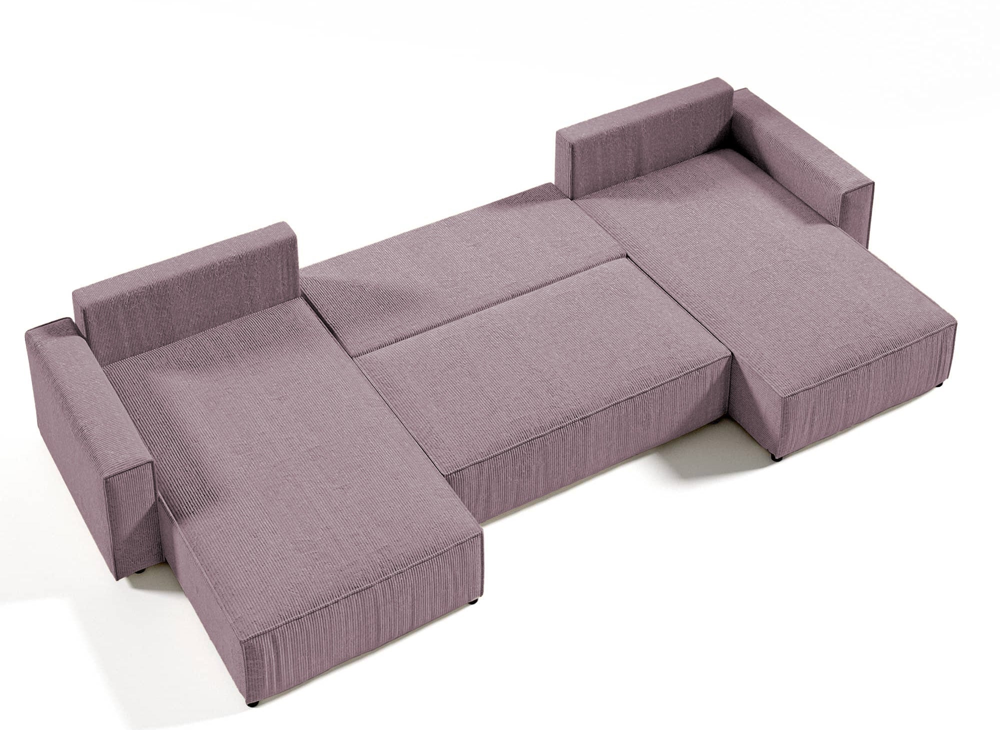 Sofá cama panorámico convertible JADE con almacenamiento en pana lila