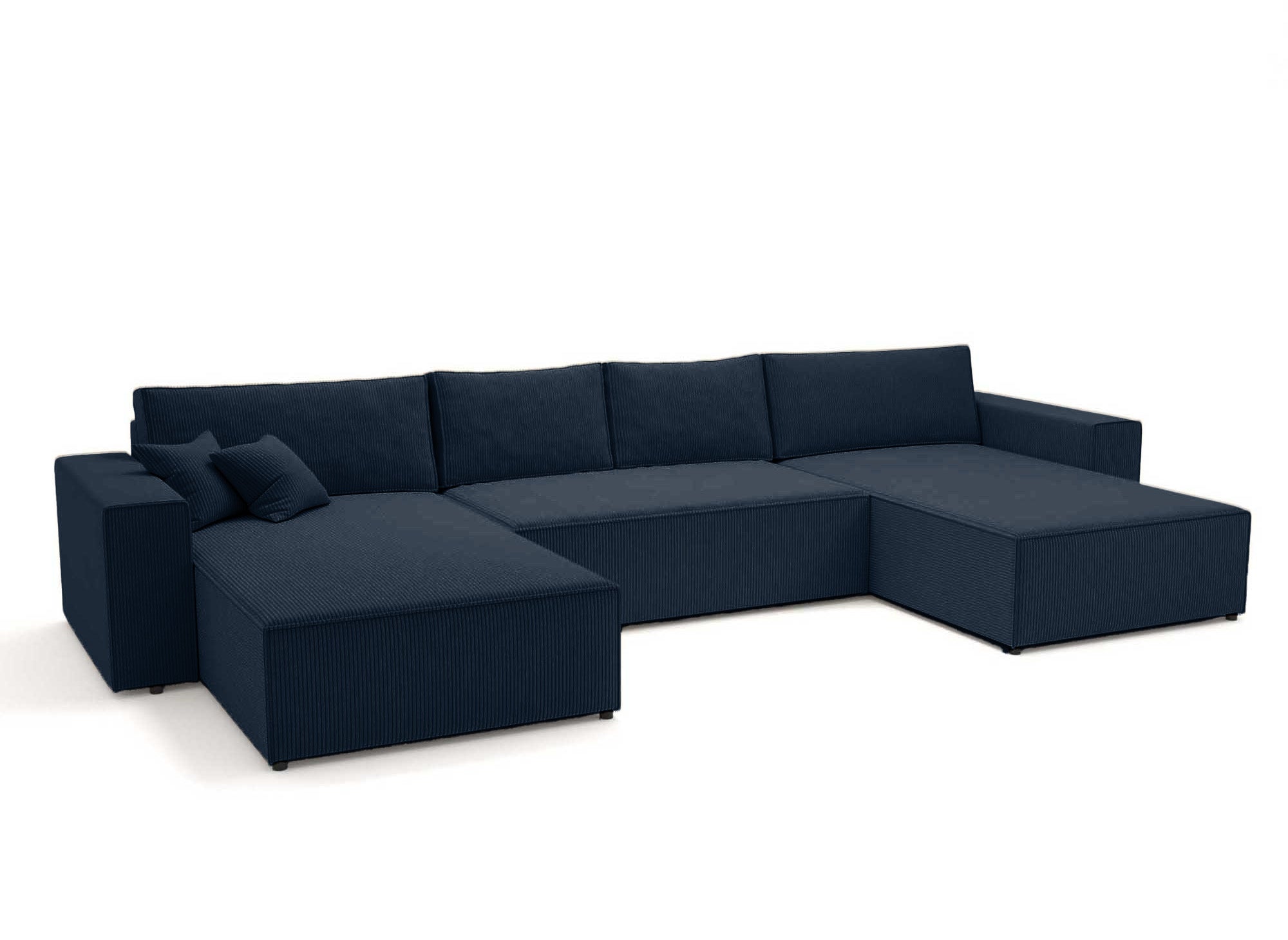 Sofá cama panorámico convertible JADE con almacenamiento en pana azul oscuro