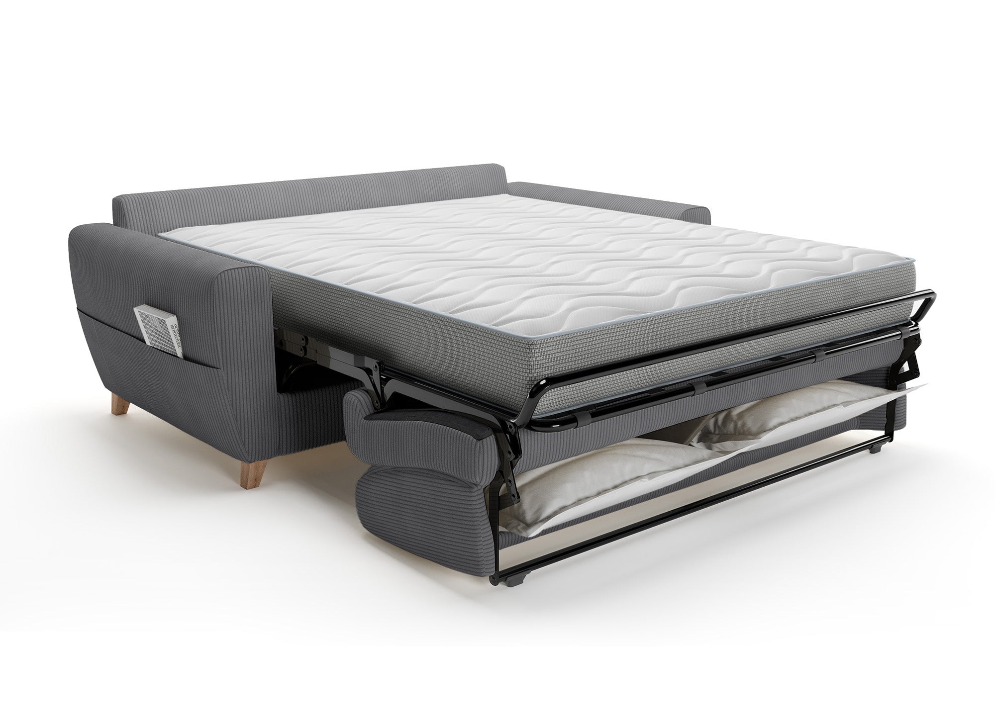 Sofá cama TOBIAS de 3 plazas en pana gris oscuro con colchón de 18 cm