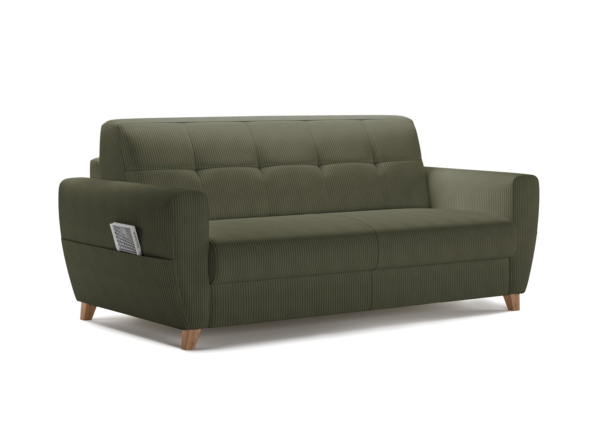 Sofá cama TOBIAS de 3 plazas en pana verde caqui con colchón de 18 cm