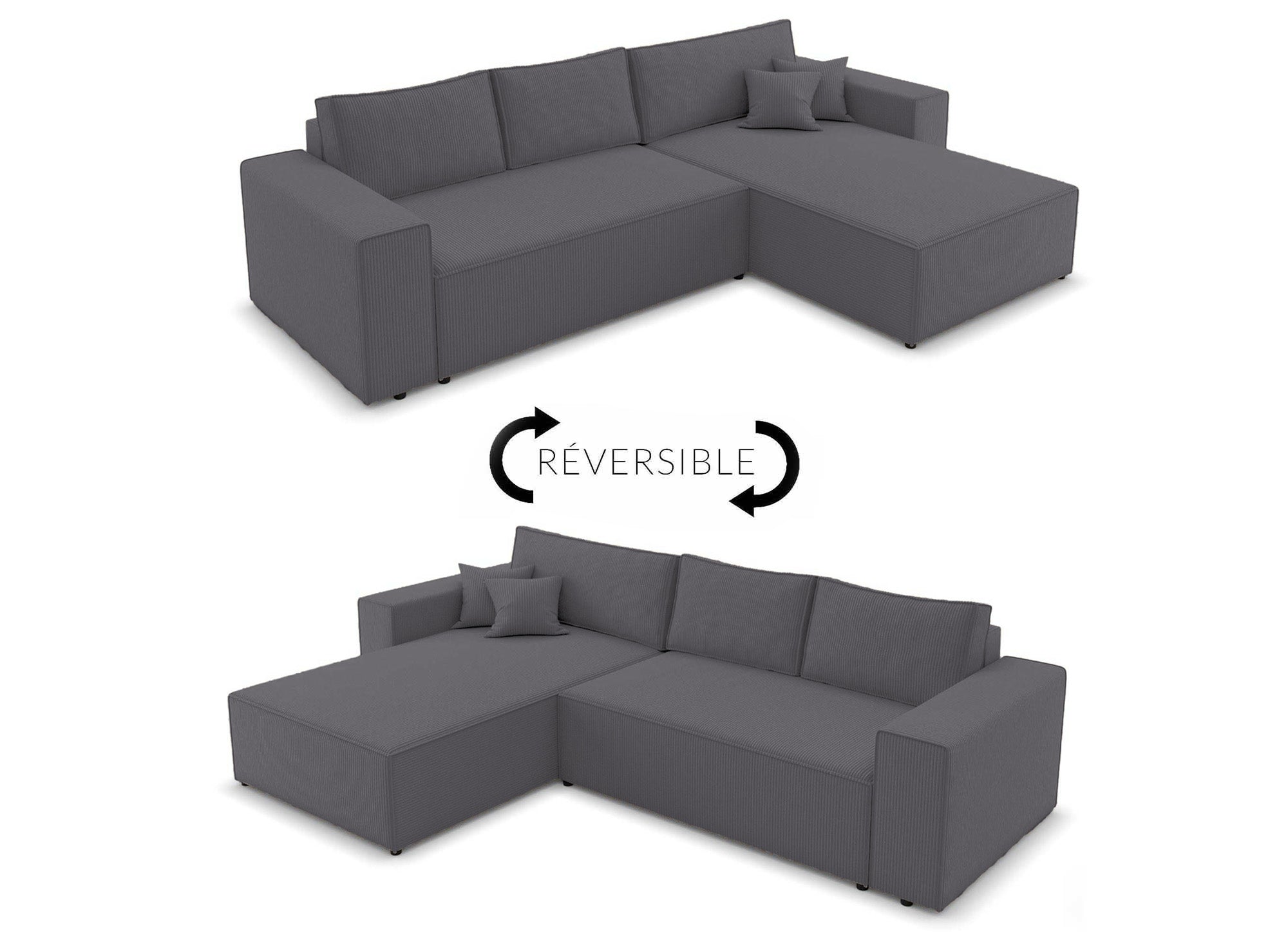 Sofá esquinero convertible y reversible con almacenaje en pana gris antracita - JADE