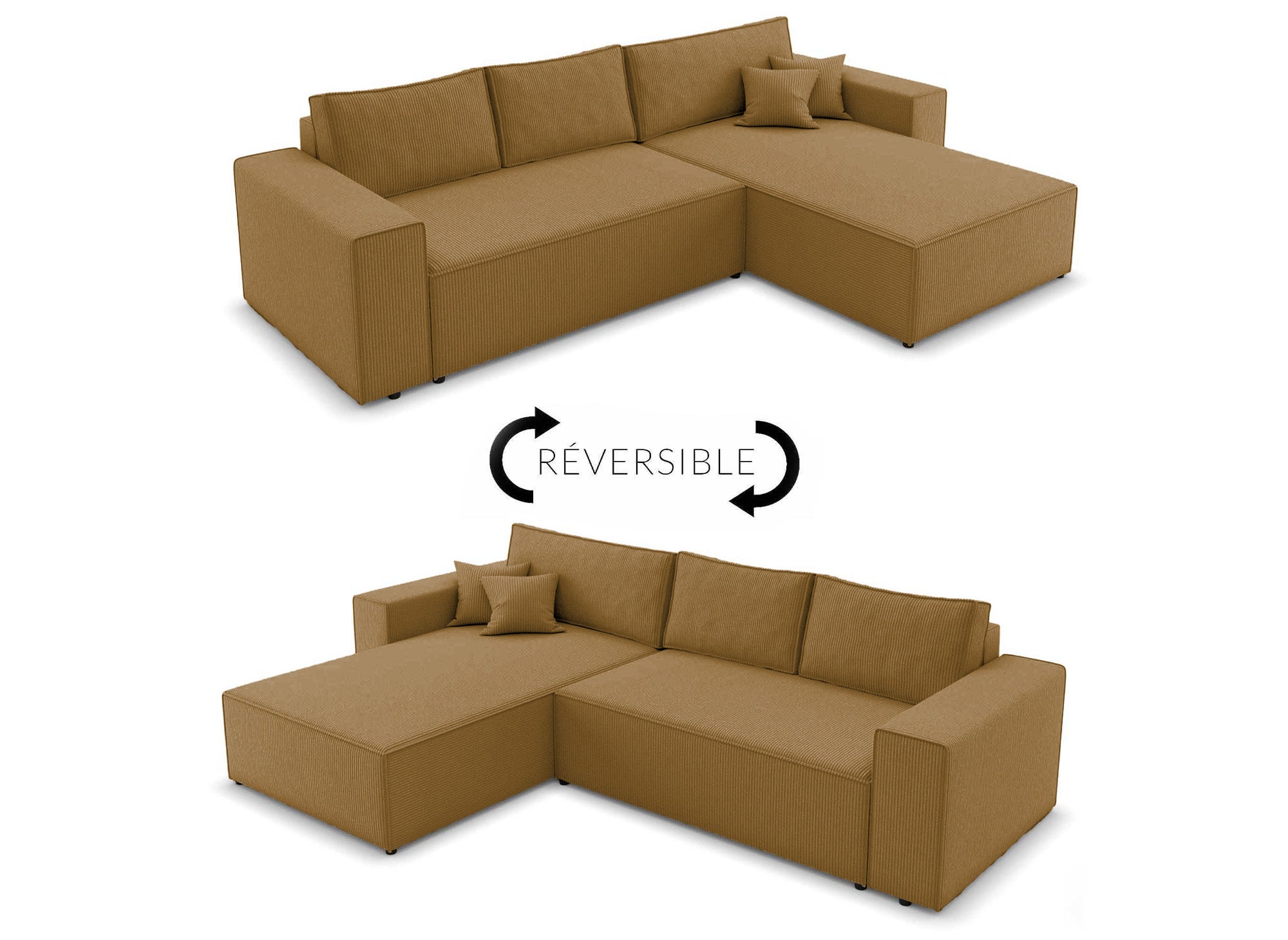 Sofá esquinero convertible y reversible con almacenaje en pana color mostaza - JADE