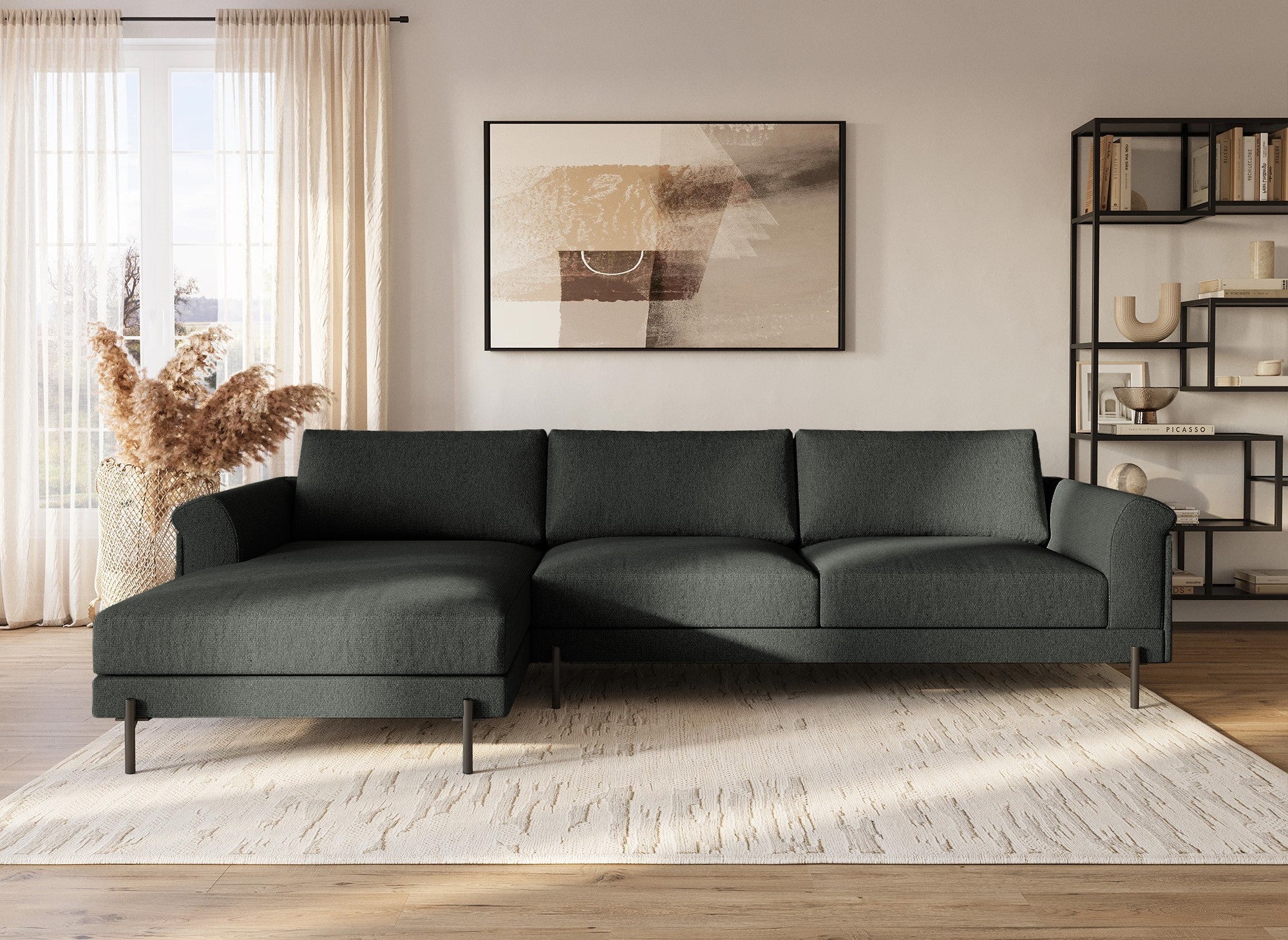 Sofá esquinero LEIA con chaise longue en tela gris oscuro - Esquina izquierda