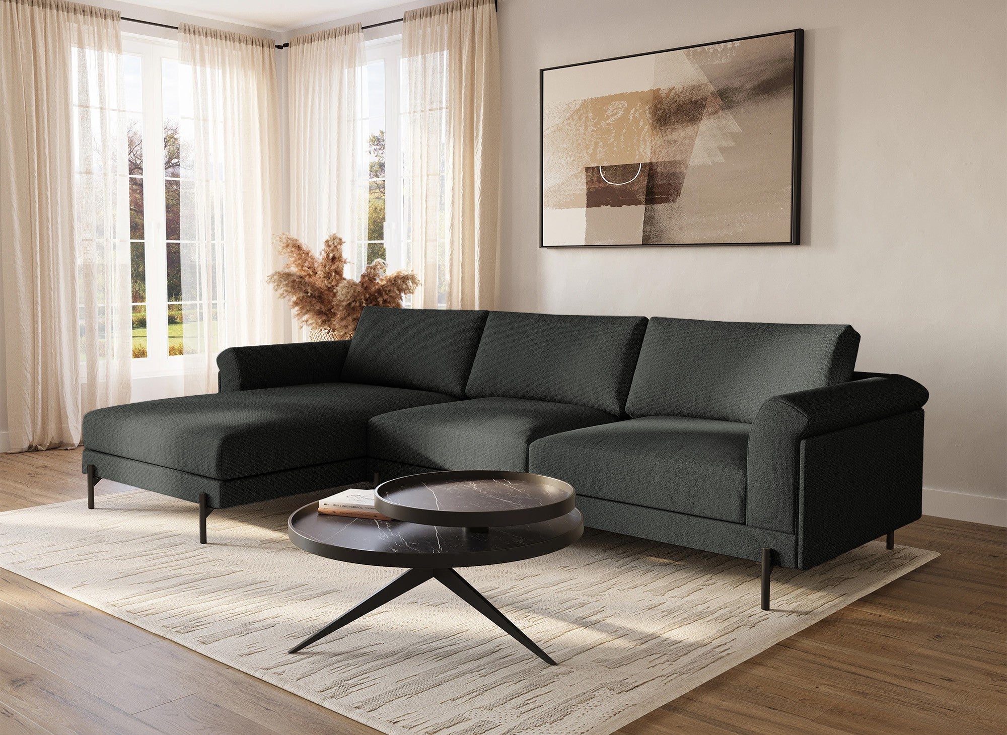 Sofá esquinero LEIA con chaise longue en tela gris oscuro - Esquina izquierda