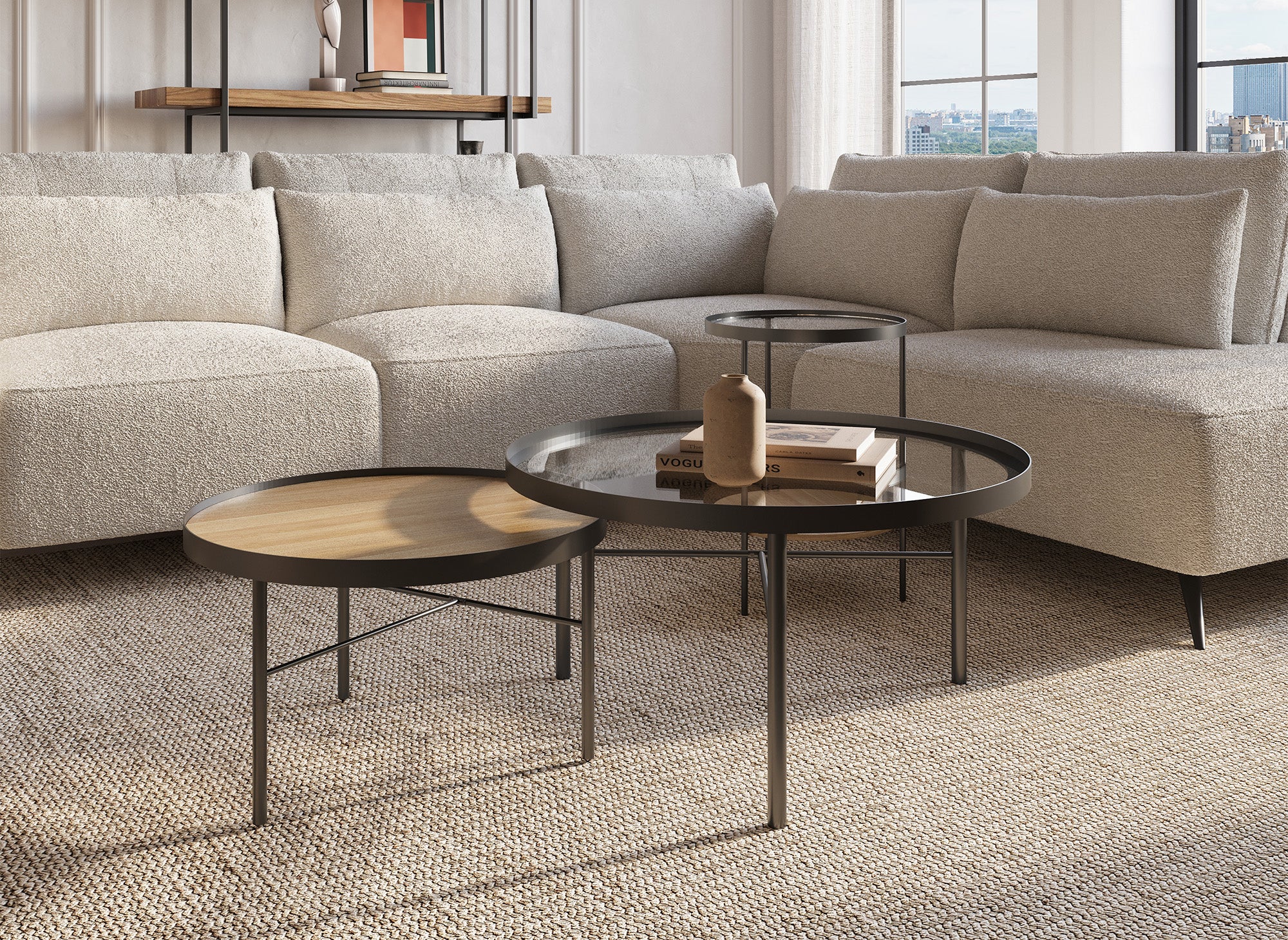 Juego de 3 mesas de centro redondas RIANA en madera y cristal