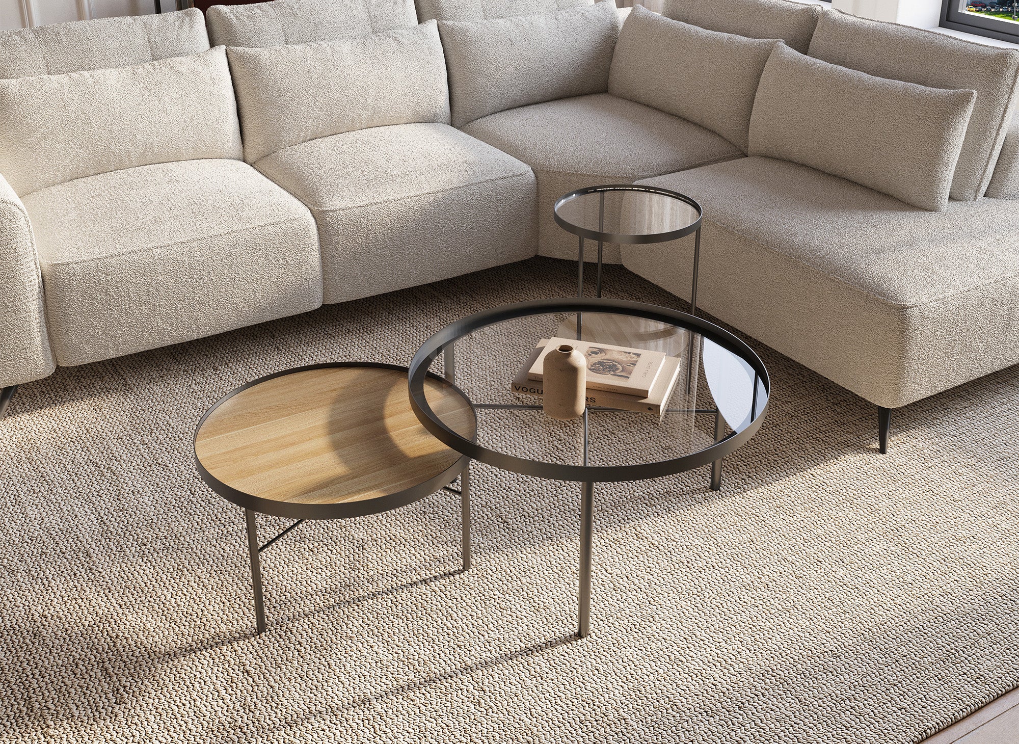 Juego de 3 mesas de centro redondas RIANA en madera y cristal