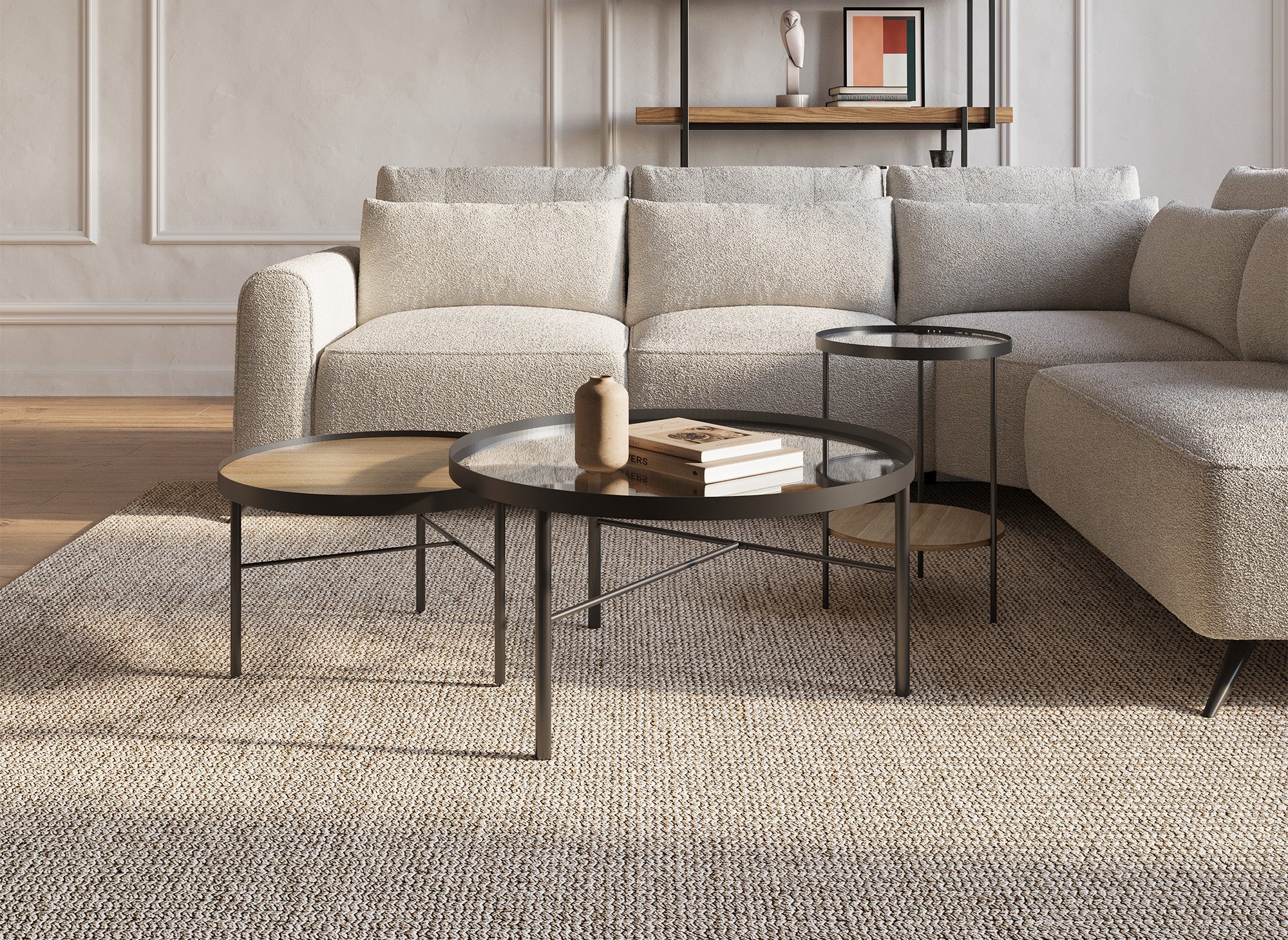 Juego de 3 mesas de centro redondas RIANA en madera y cristal