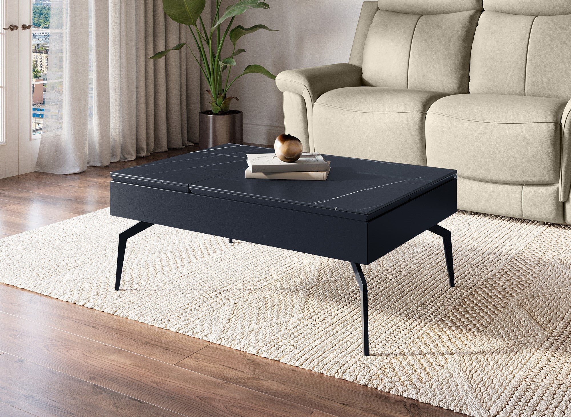Mesa de centro de diseño SILVANA con tapa elevable en cerámica negra