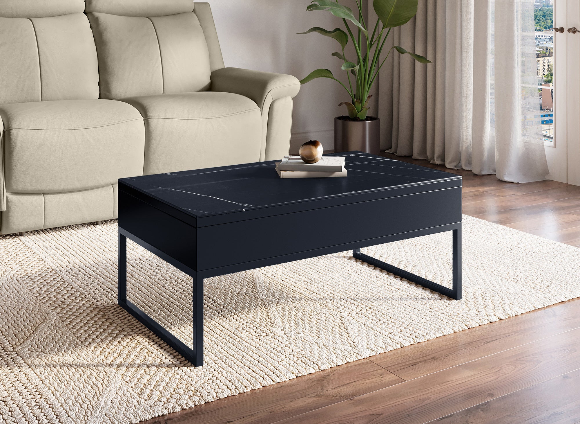 Mesa de centro de diseño MARIE con tapa elevable en cerámica negra