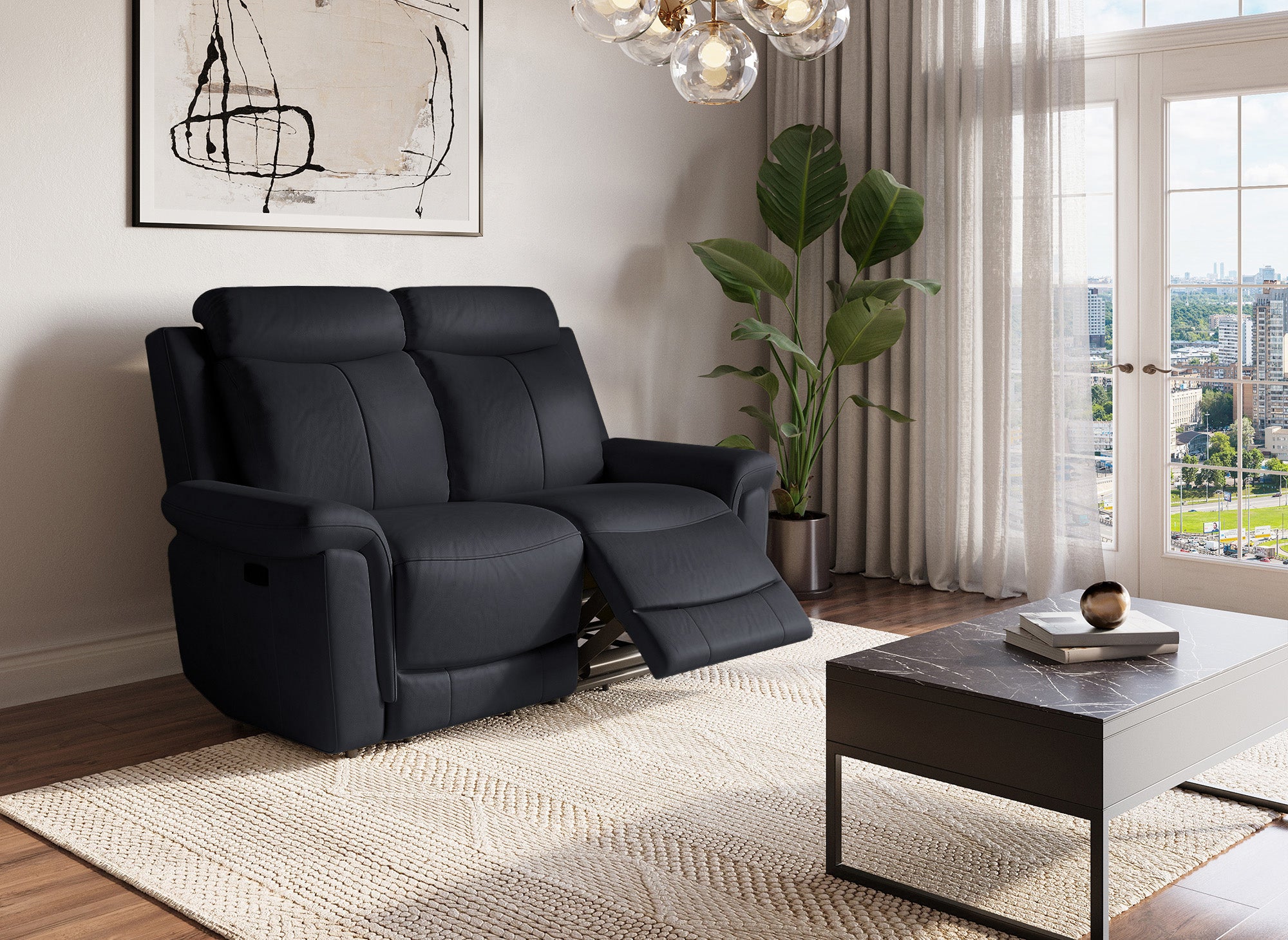 Sofá reclinable eléctrico de 2 plazas ERNEST en piel negra