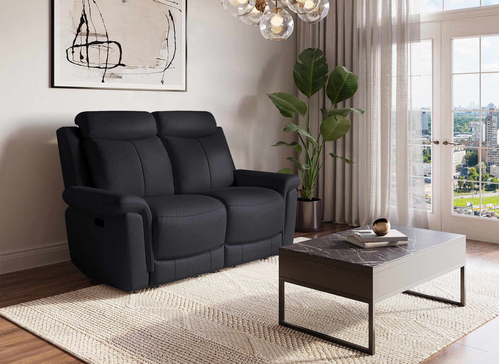 Sofá reclinable eléctrico de 2 plazas ERNEST en piel negra