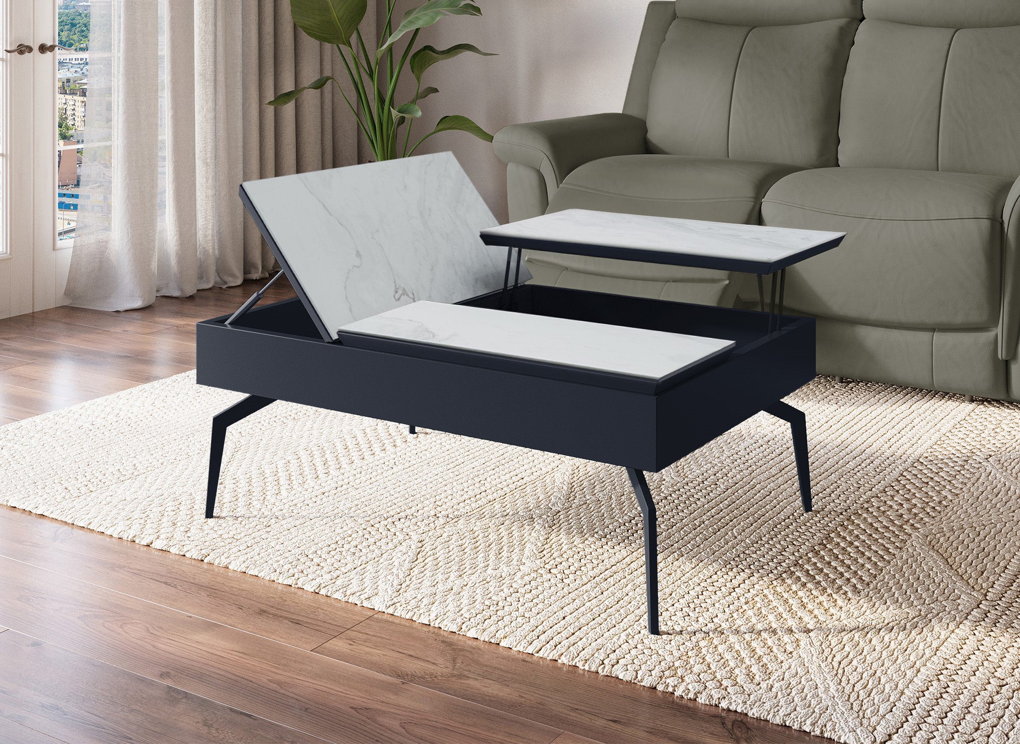 Mesa de centro de diseño SILVANA con tapa elevable en cerámica blanca