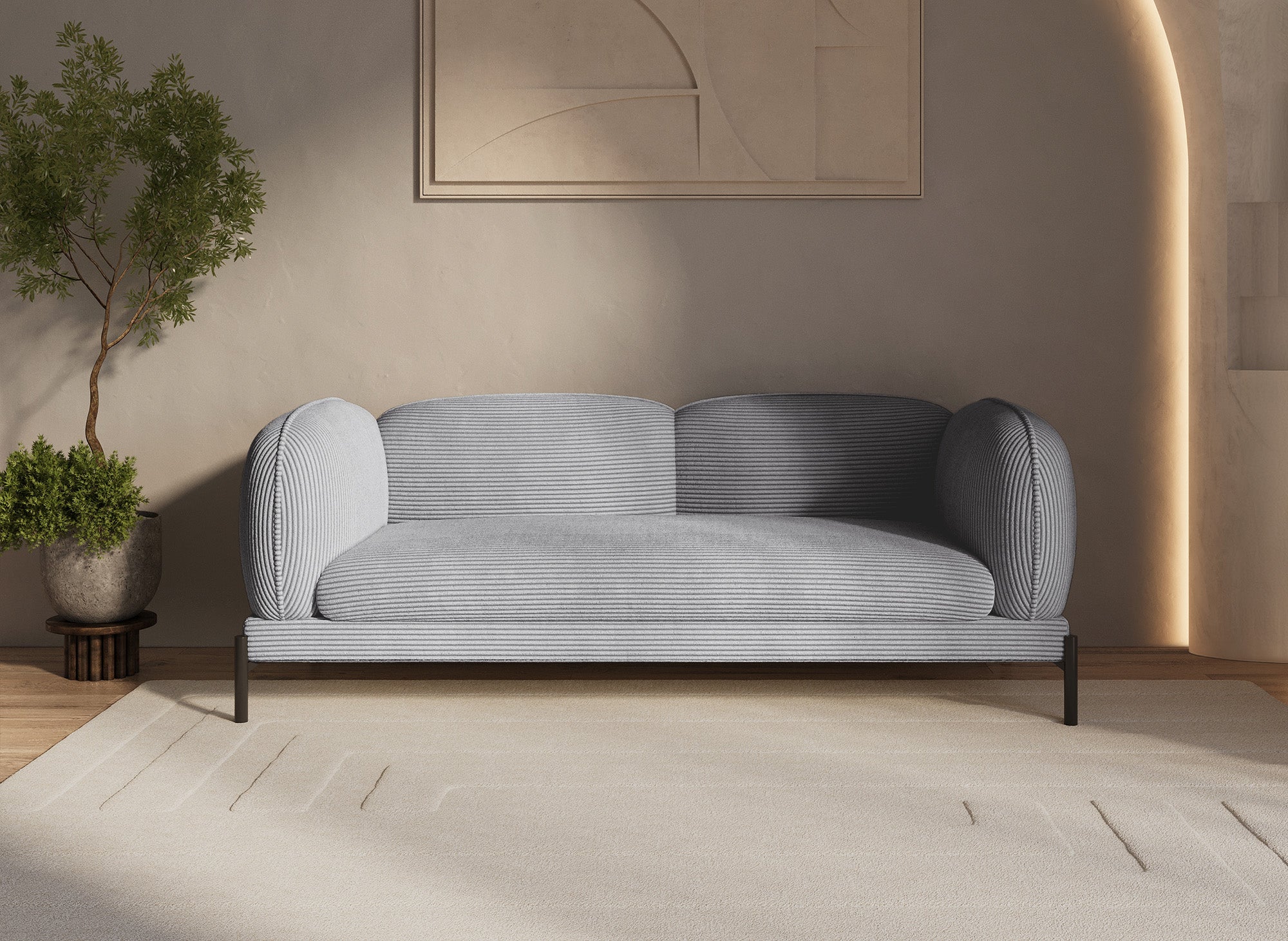 Sofá ANDREA de 3 plazas en terciopelo gris de rayas anchas