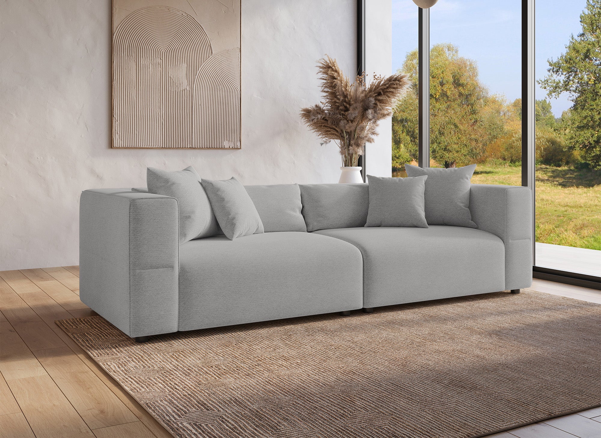 Sofá EVELYNE de 4 plazas en tela gris