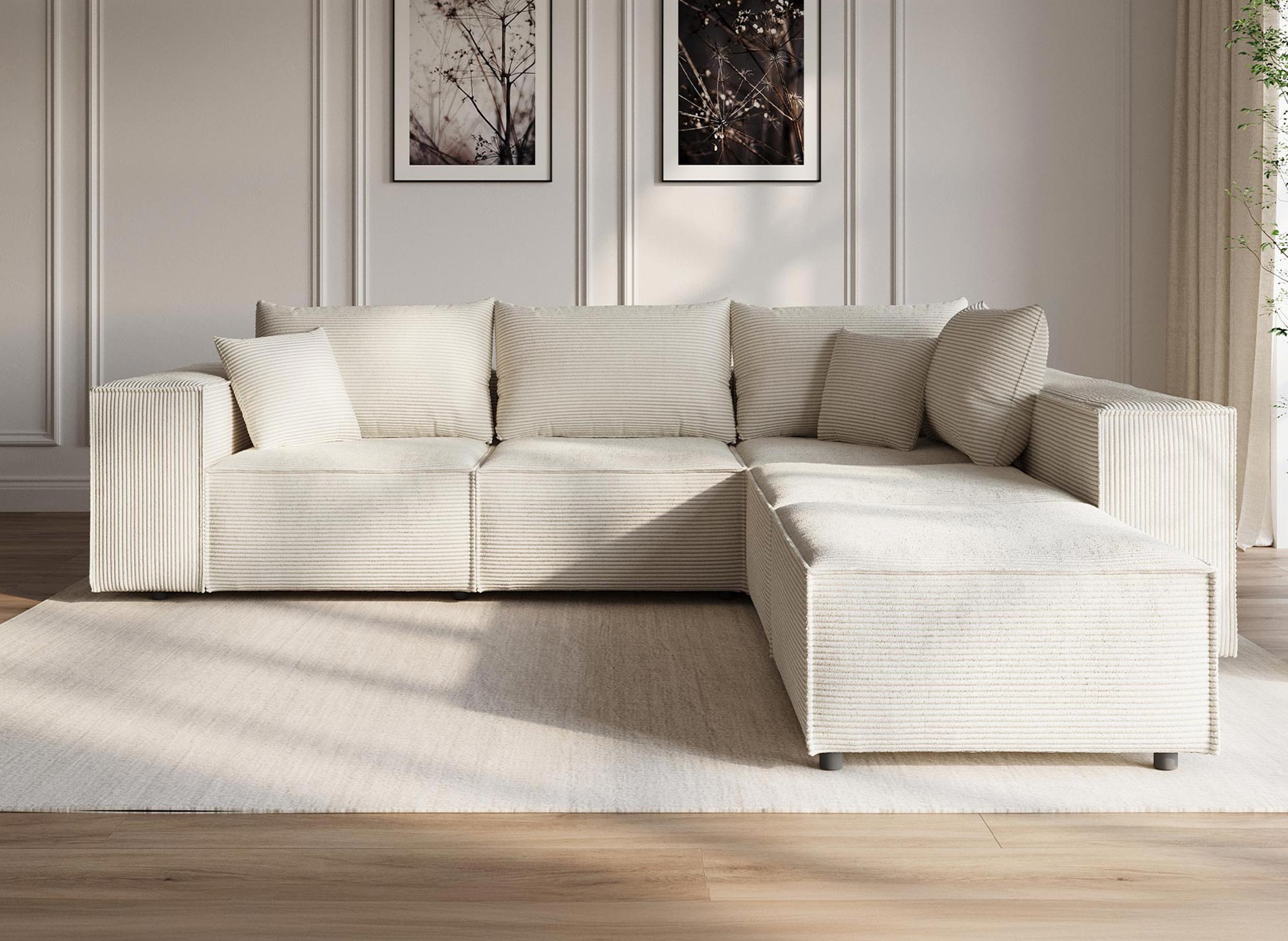 Sofá esquinero modular Harlem XL con 1 otomana en pana gruesa color beige