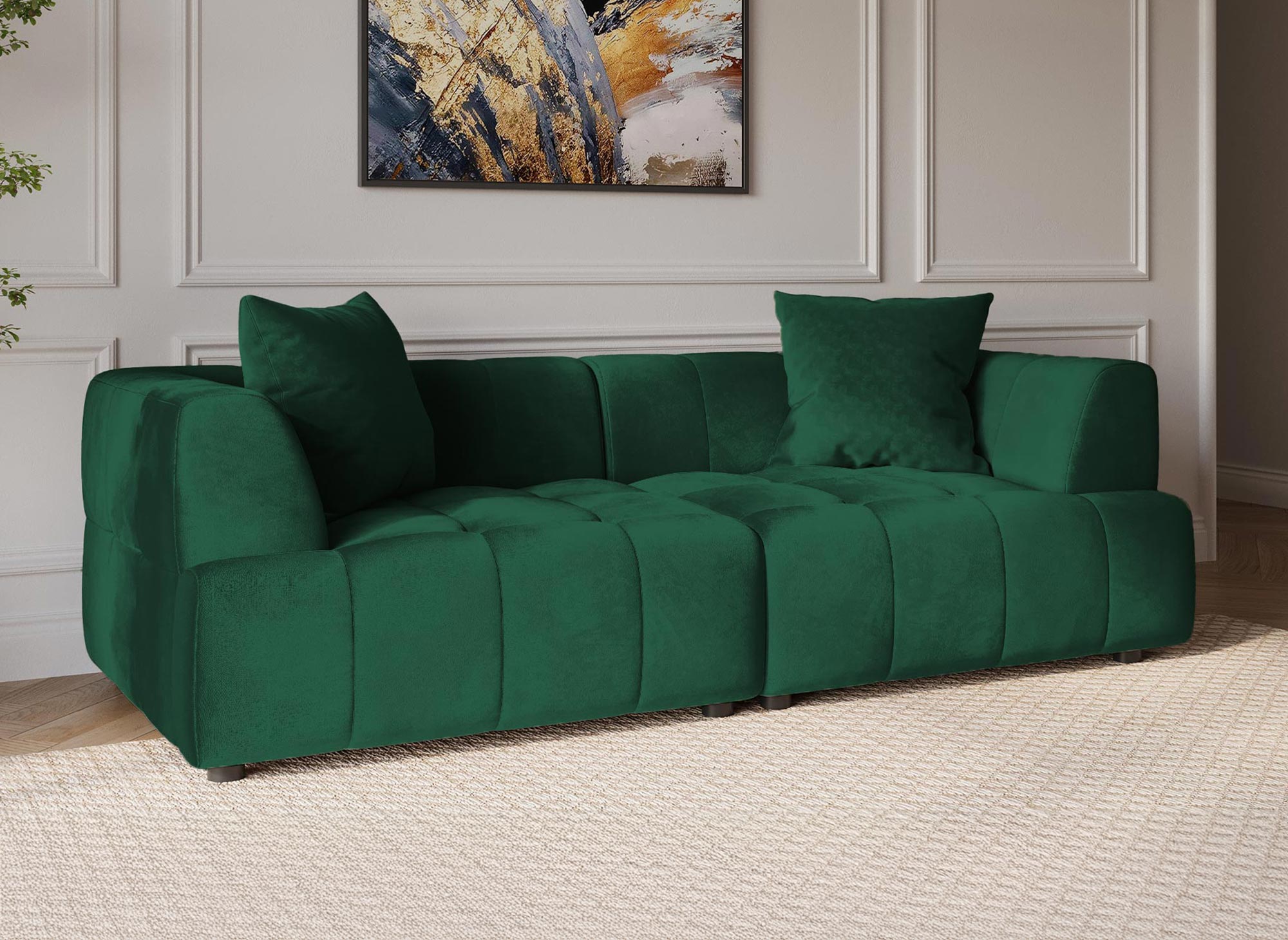 Sofá recto de 3 plazas KELIA en terciopelo verde